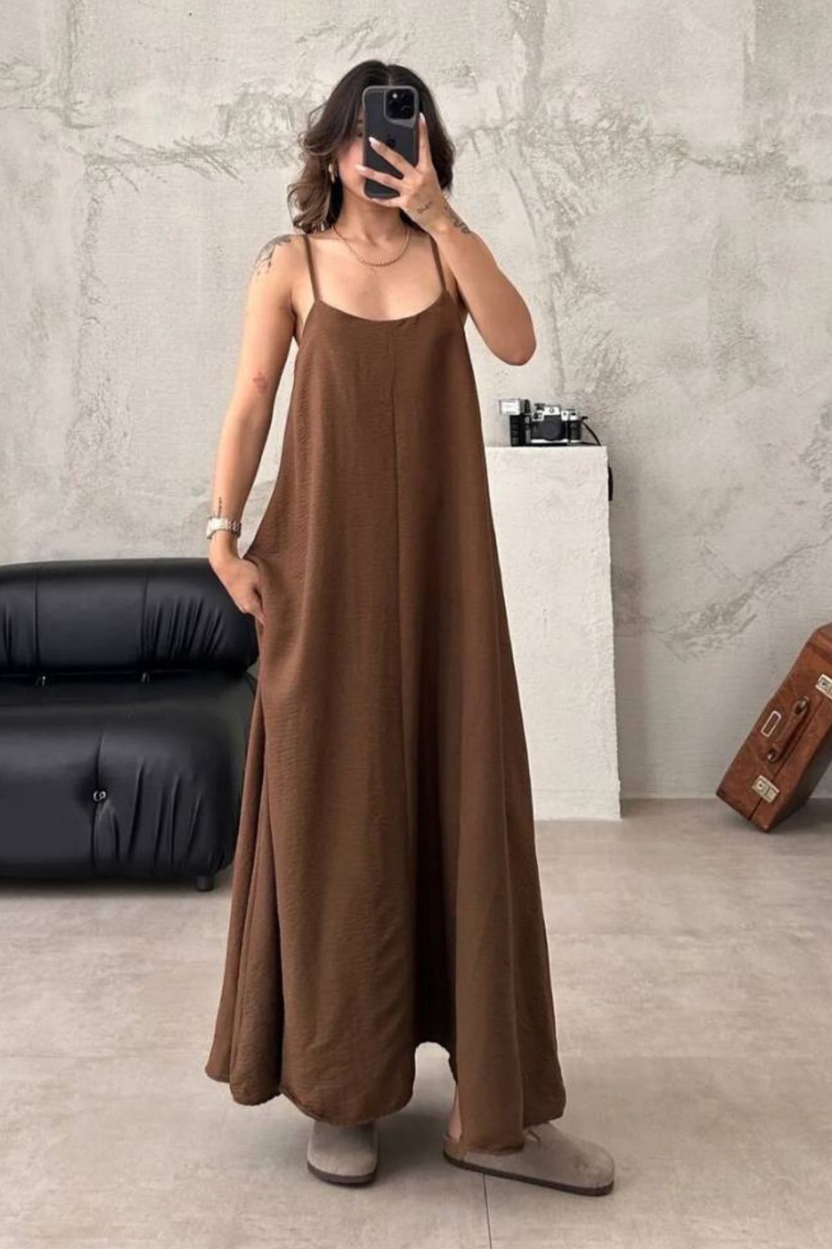 adba style Mogi Butik Aerobin Kumaş Ayarlanabilir Askılı Uzun Kadın Elbise 3082
