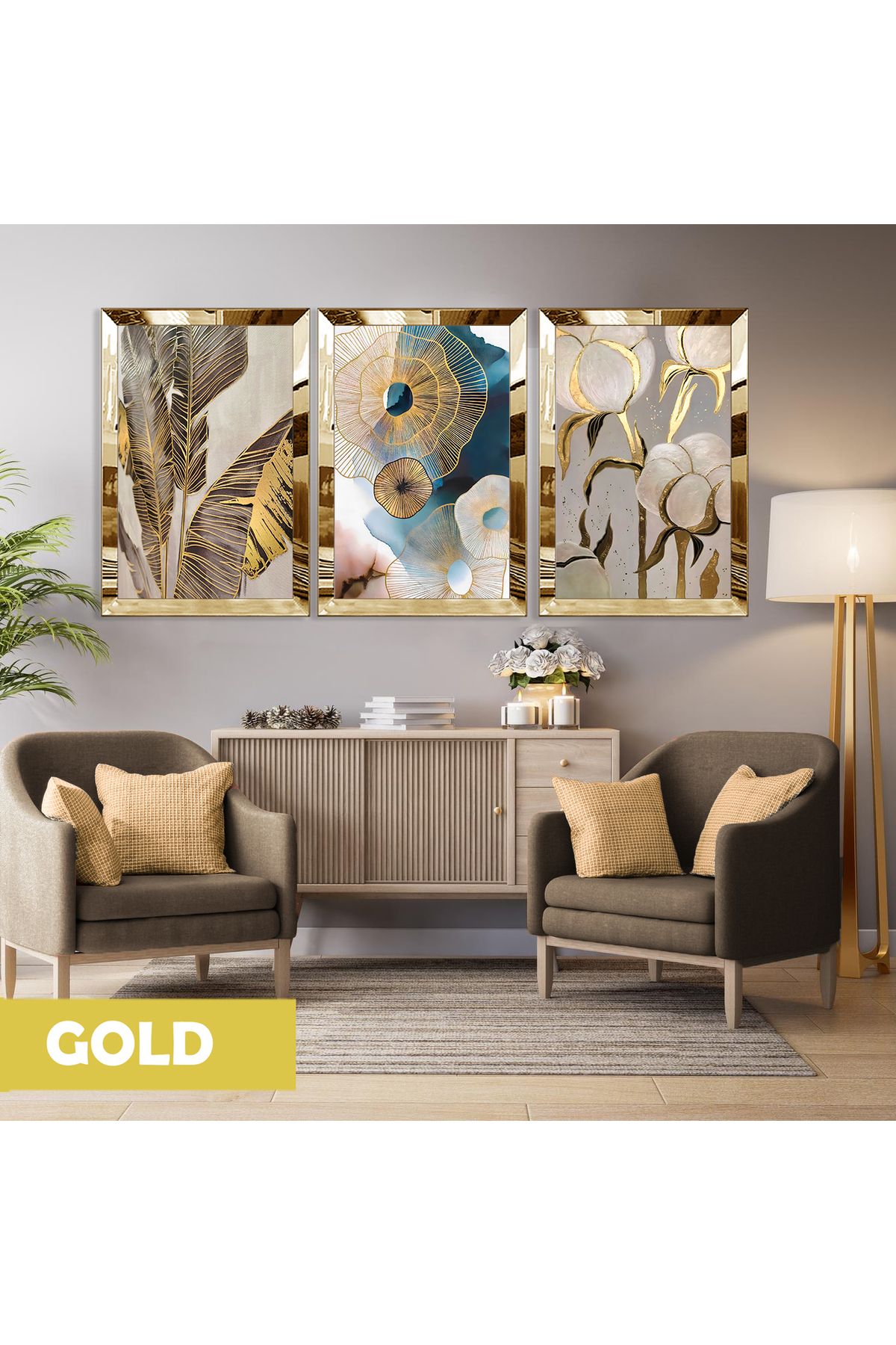 Harikabirev HARİKABİREV|GOLD RENKLİ PAMUK BİTKİSİ SOYUT KOMBİNİ |PLEKSİ ÇERÇEVELİ MDF PLKSMDF