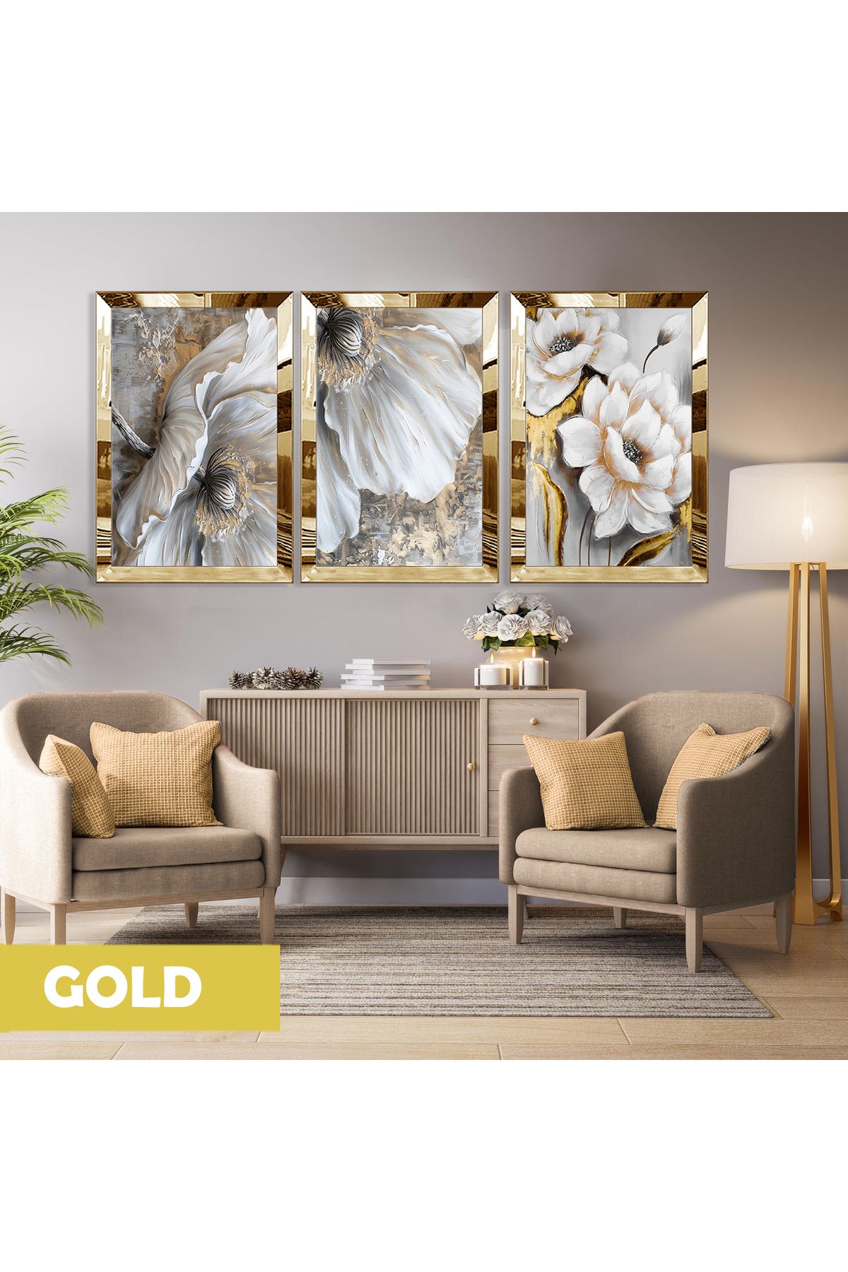 Harikabirev HARİKABİREV|GRİ-GOLD ÇİÇEK KOMBİNİ (ARTISTIC) |PLEKSİ ÇERÇEVELİ MDF PLKSMDF