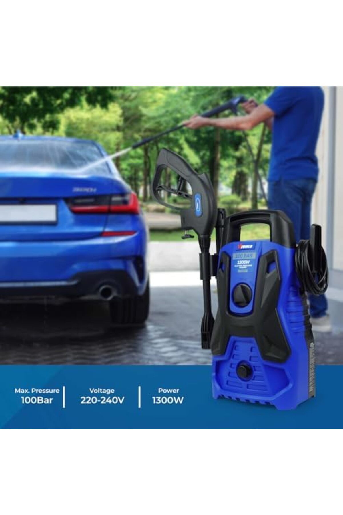 Generic-100 Bar Electric Pressure Washer With 5 Meter Hose & Soap Dispenser, 1300 Watt, Auto Stop and 5