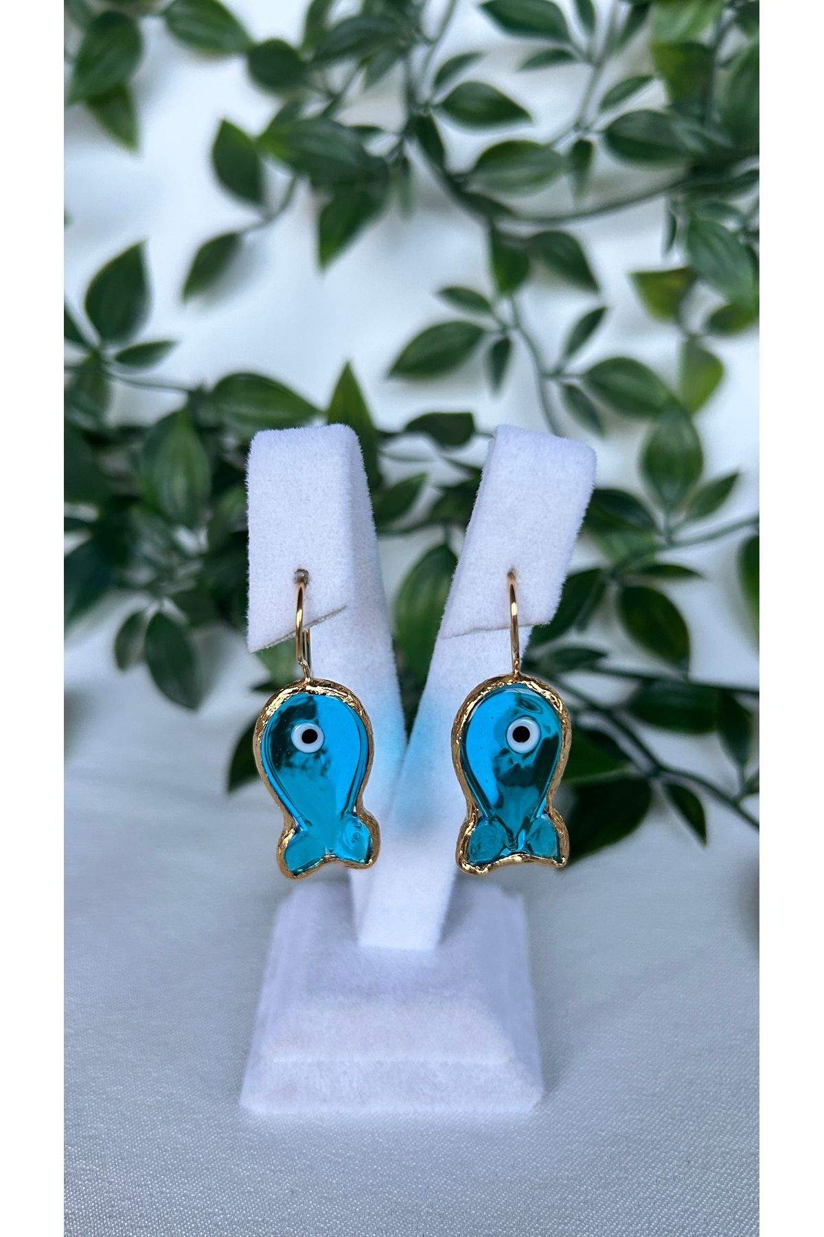 Alvora Accessories Mavi Cam Balık Özel Seri Yara Yapmaz Kararmaz Sallantılı Küpe