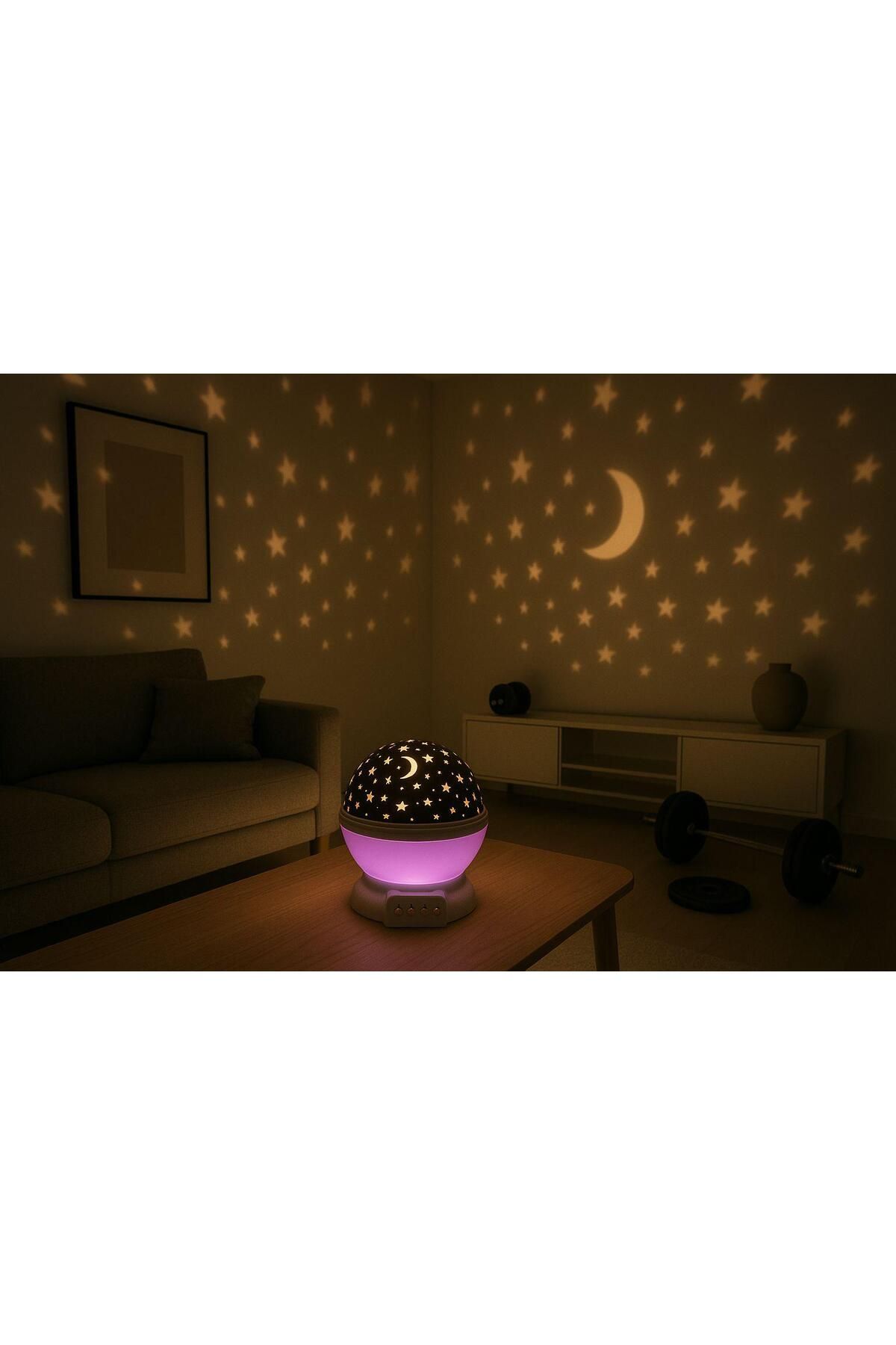 GLASS OF PLEASURE Ay Ve Yıldızlı Gökyüzü Yansıtmalı Dönen Projeksiyon Gece Lambası- Çocuk Bebek Odası Mavi ve Pembe