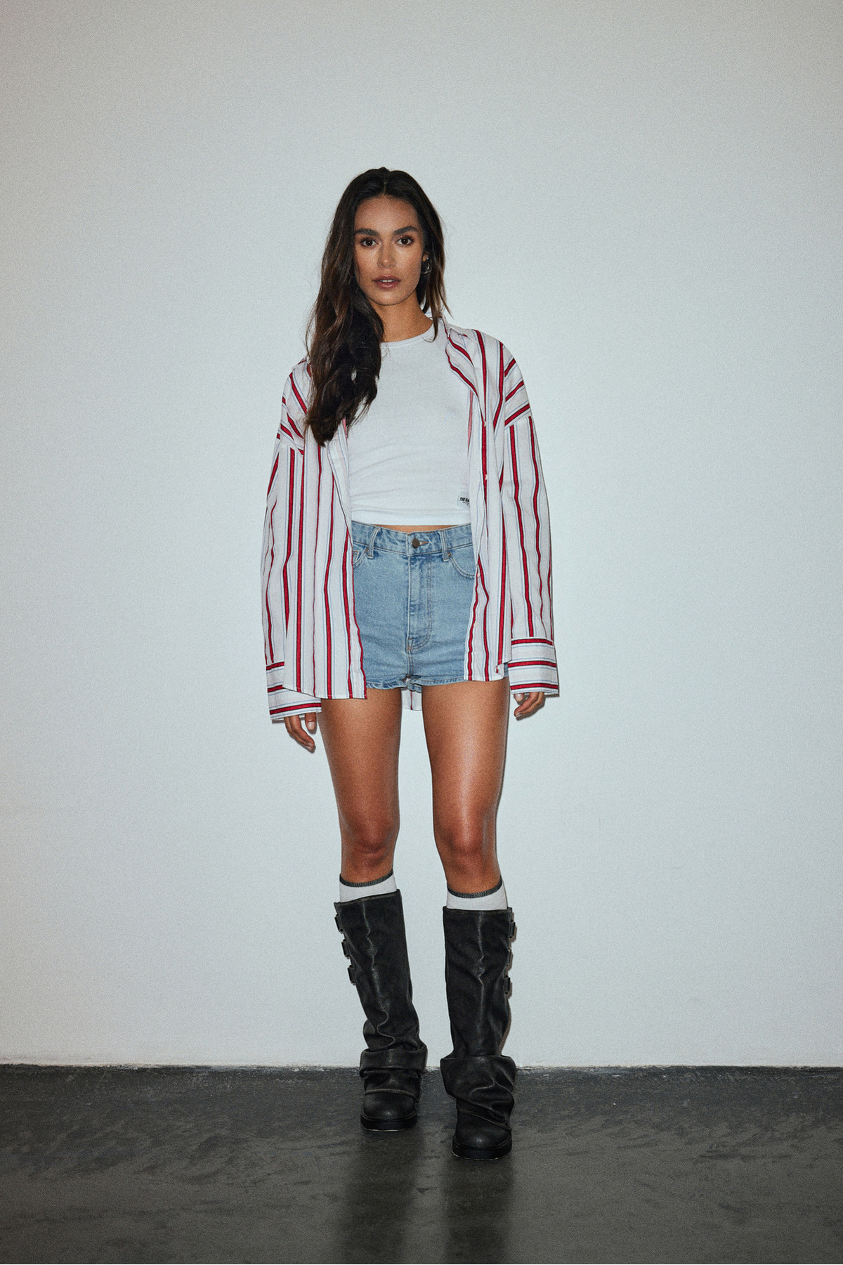 bases.  Oversize Çizgili Poplin Gömlek - Görsel 2