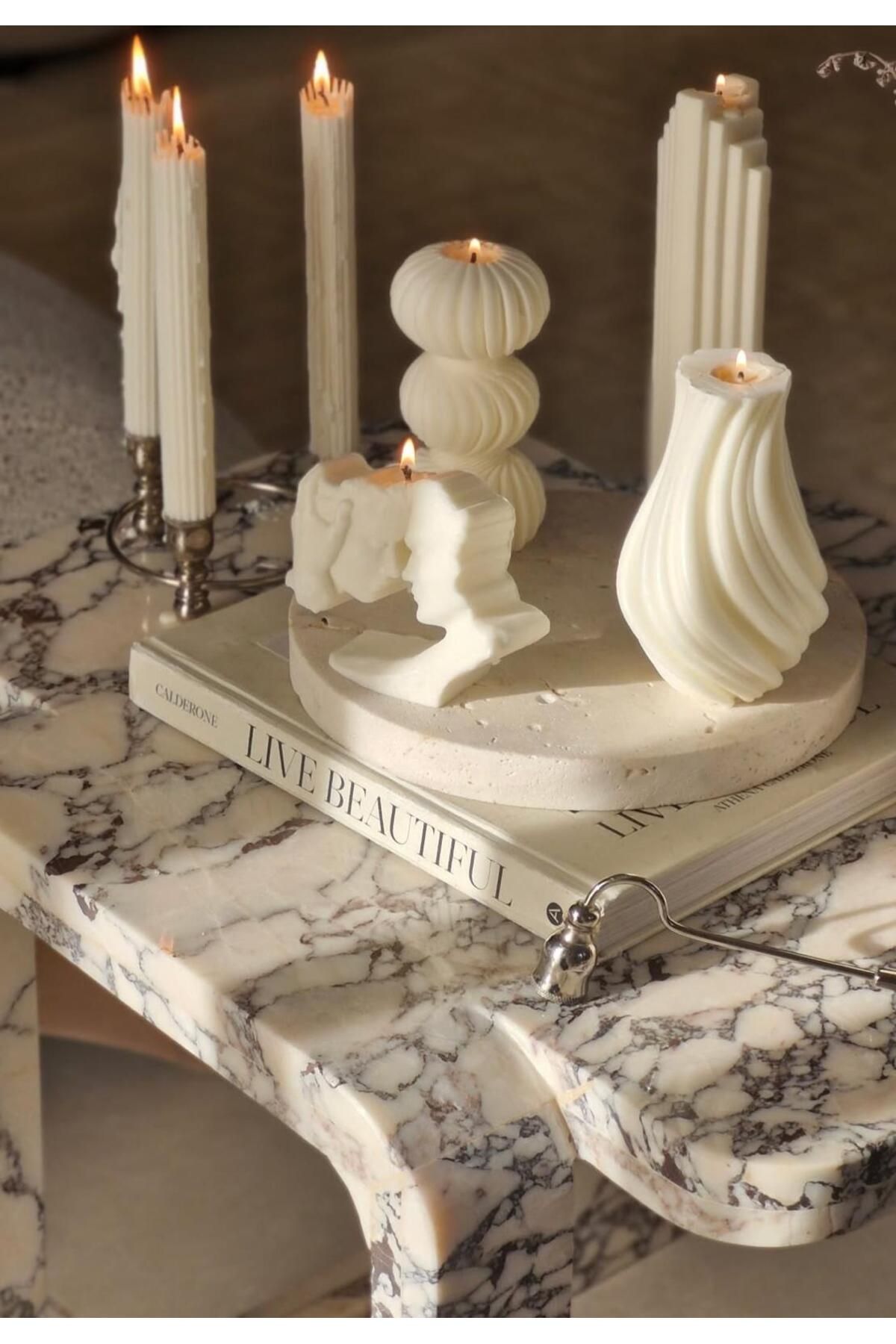 SCA CANDLE Dekoratif Mum Vazo +Sevgili+üçlü yuvarlak+Çizgili mum toplam 6 parça