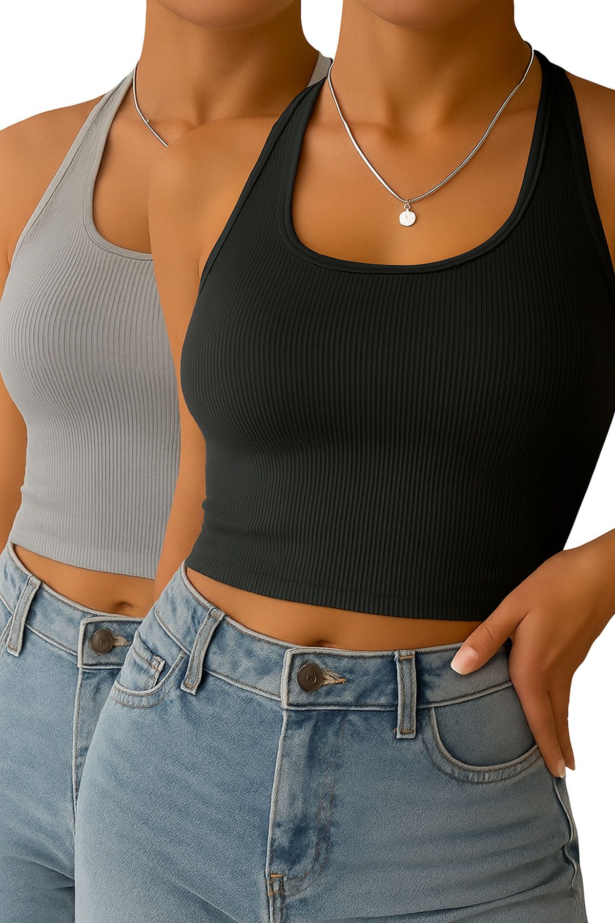 ÖZ PAMUK Kadın Oval Yaka Kolsuz 2 Lİ Adet Fitilli Crop Basıc Atlet Bluz