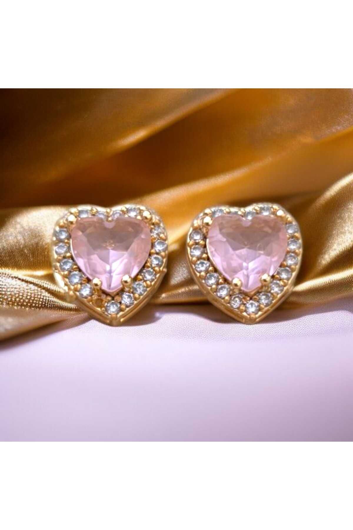 feyza collection Pembe Taşlı Kalpli VIP Çelik Küpe