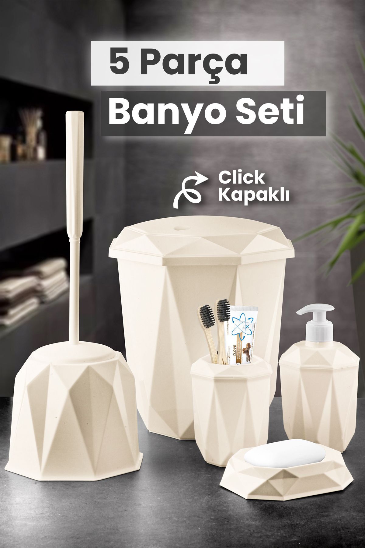 teknotrust Bej 5 Parça Banyo Seti, Dekoratif ve Kullanışlı Tasarım