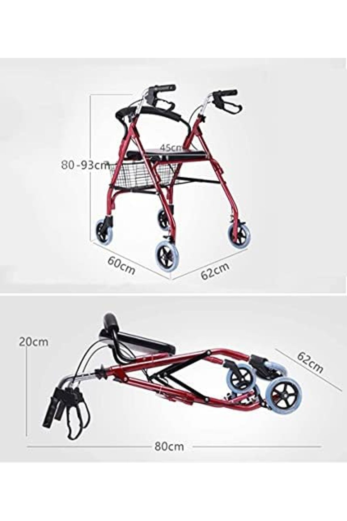 genri-Foldable Walker with 4 Wheels, Dual Brake System, Rotating Medical Walker with Basket for Elderly, 8 6
