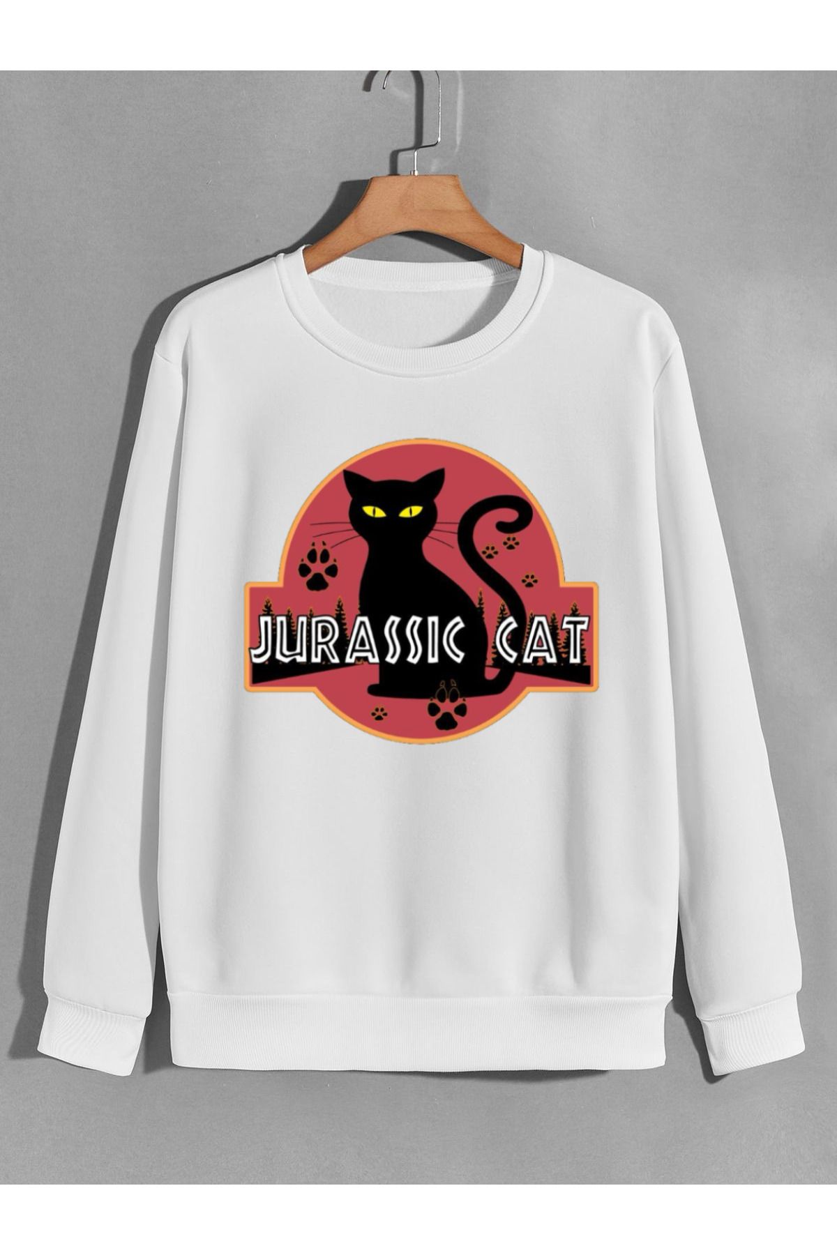 karikatürstore jurassic cat kedi baskılı 0 yaka (bisiklet yaka) sweatshirt
