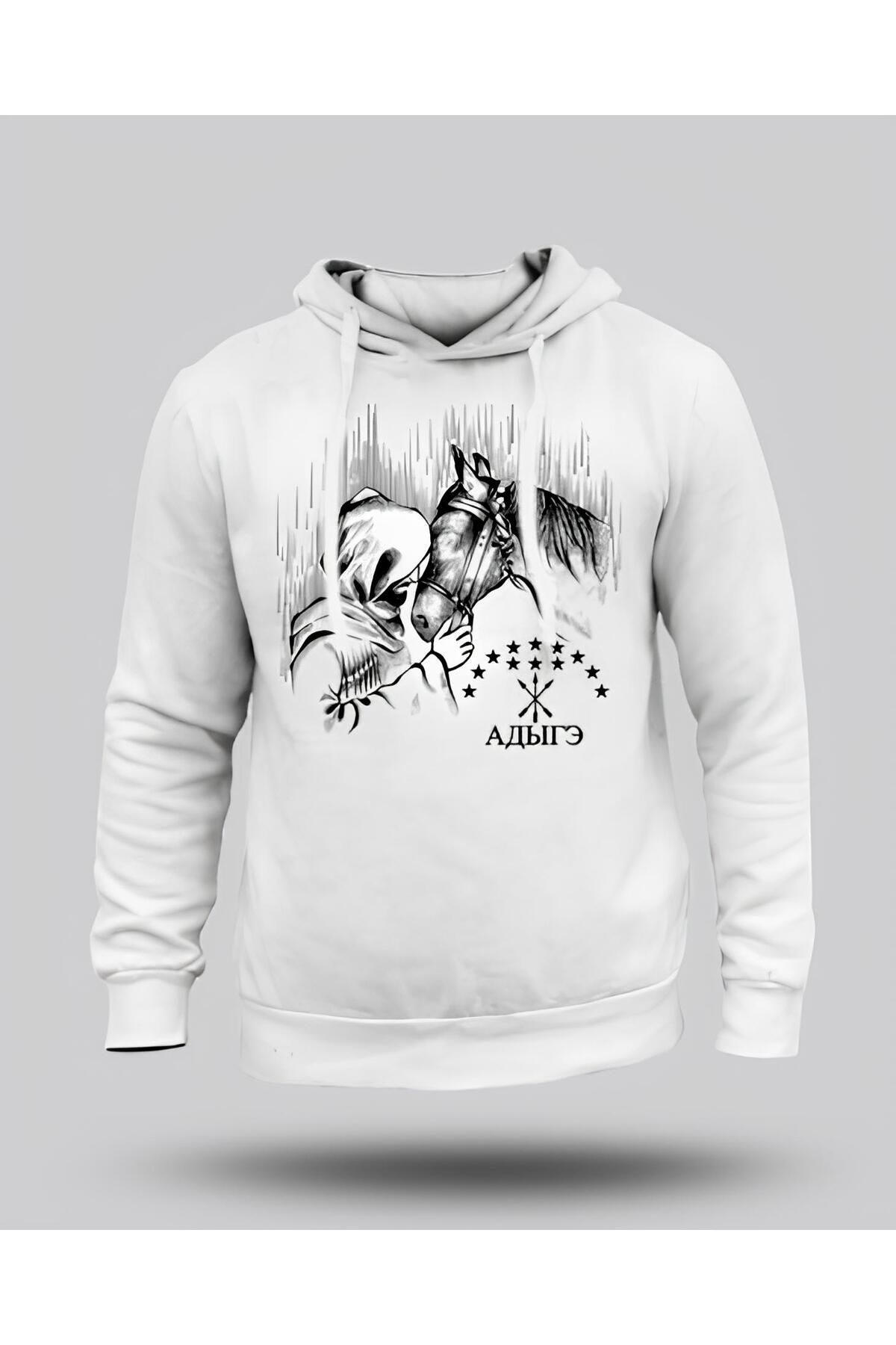 DZİWAWA Adige Abrek Baskılı Çerkes Unisex Hoodie Kapşonlu