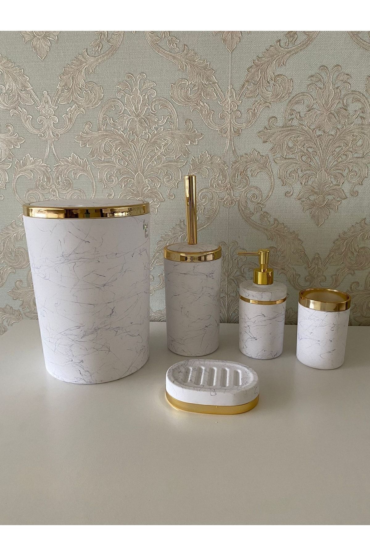 teknotrust 5 Parça Mermer Desen Mat Banyo Seti, Wc Fırçalık, Sabunluk, Çöp Kovası, Diş Fırçalık