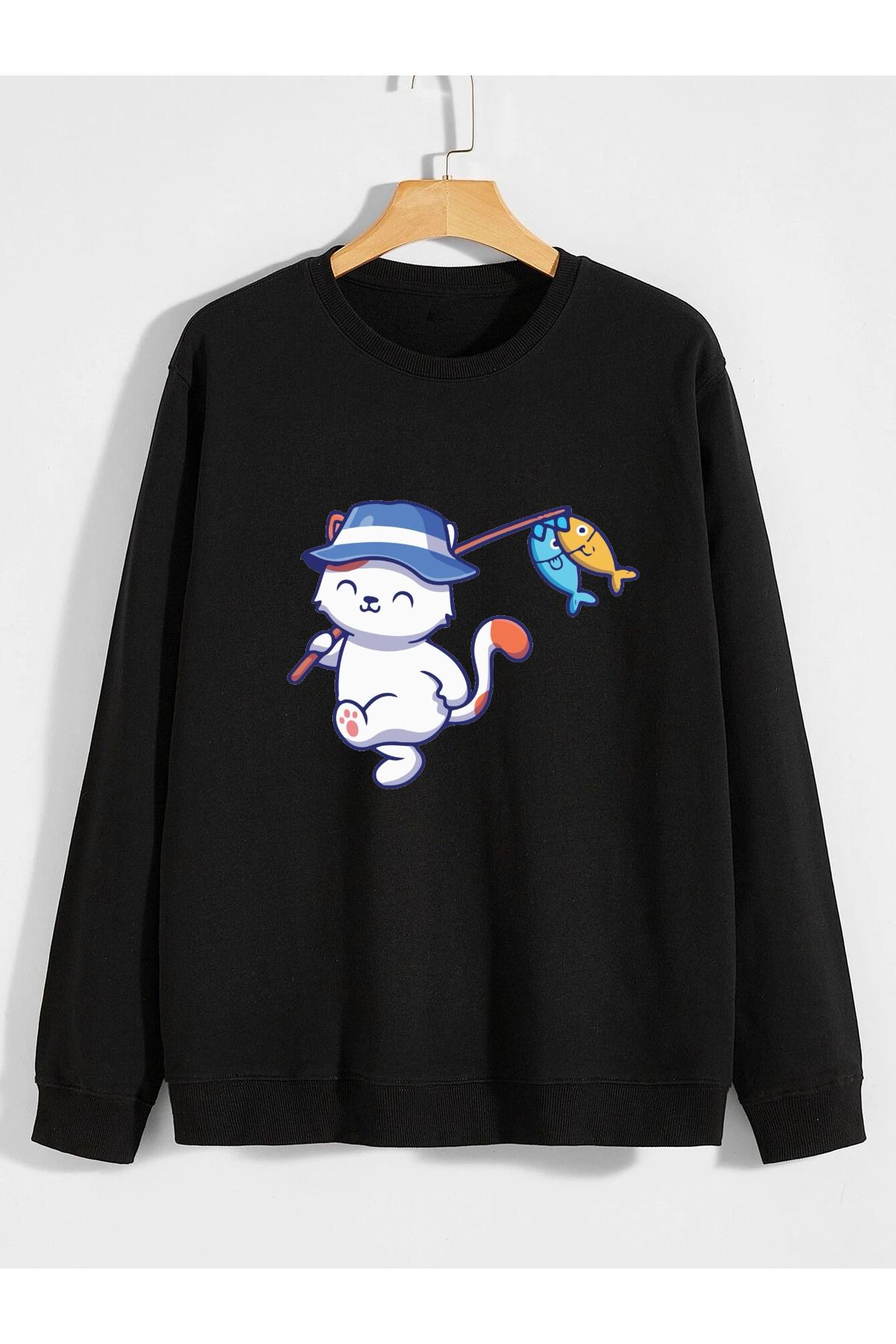 karikatürstore balık tutan kedi baskılı 0 yaka (bisiklet yaka) sweatshirt