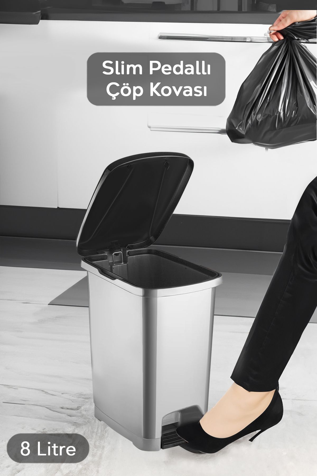 teknotrust Şık Gri Pedallı 8L Çöp Kovası, Siyah Kapaklı, Slim ve Pratik Kullanım