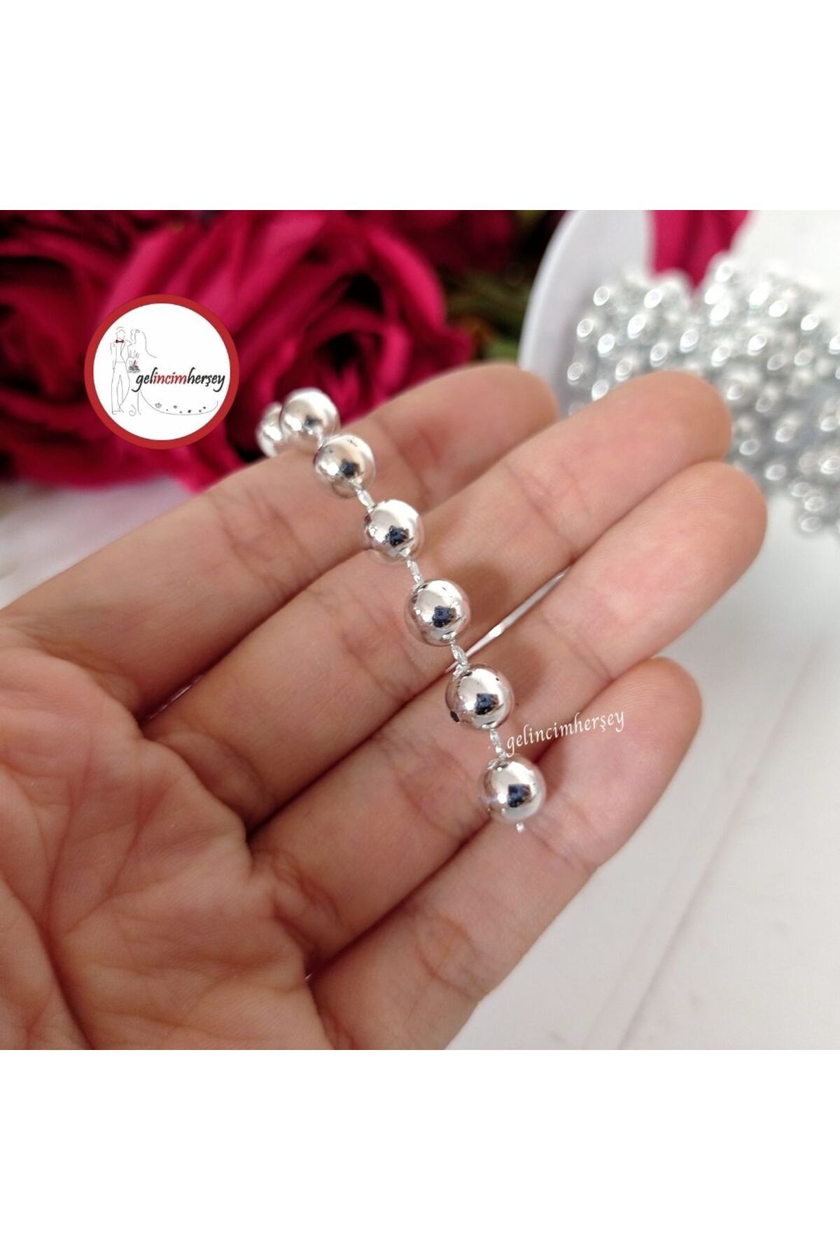 Gelincimherşey İpe Dizili Sıralı Sabit Gümüş İnci 8mm 5 Metre