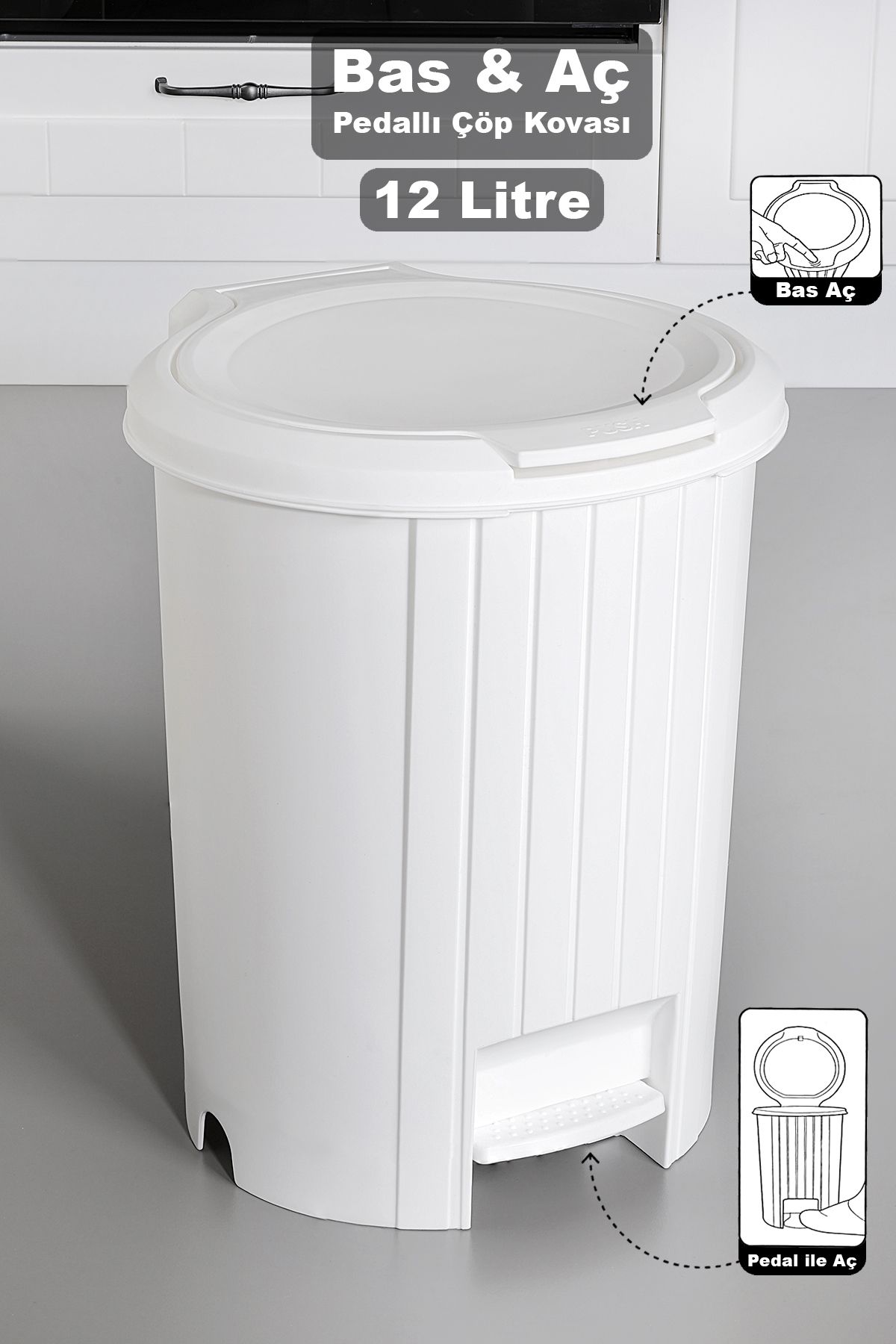 teknotrust Beyaz Bas Aç Kapaklı Pedallı Çöp Kovası 12 Litre, Banyo ve Mutfak İçin Uygun