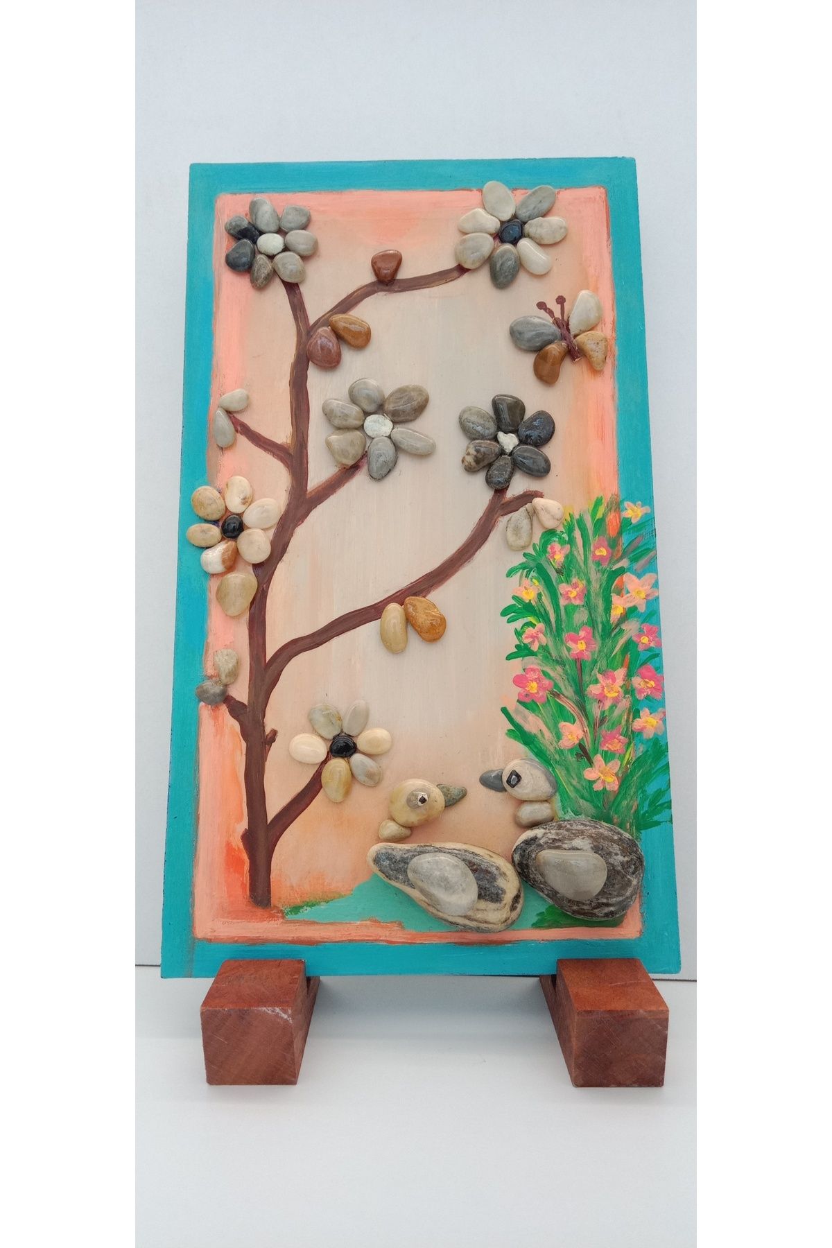 Öz .Green Art Home Doğal Taşlardan El Yapımı Kuş ve Çiçek Temalı Masa/Duvar Süsü – 17x30 cm