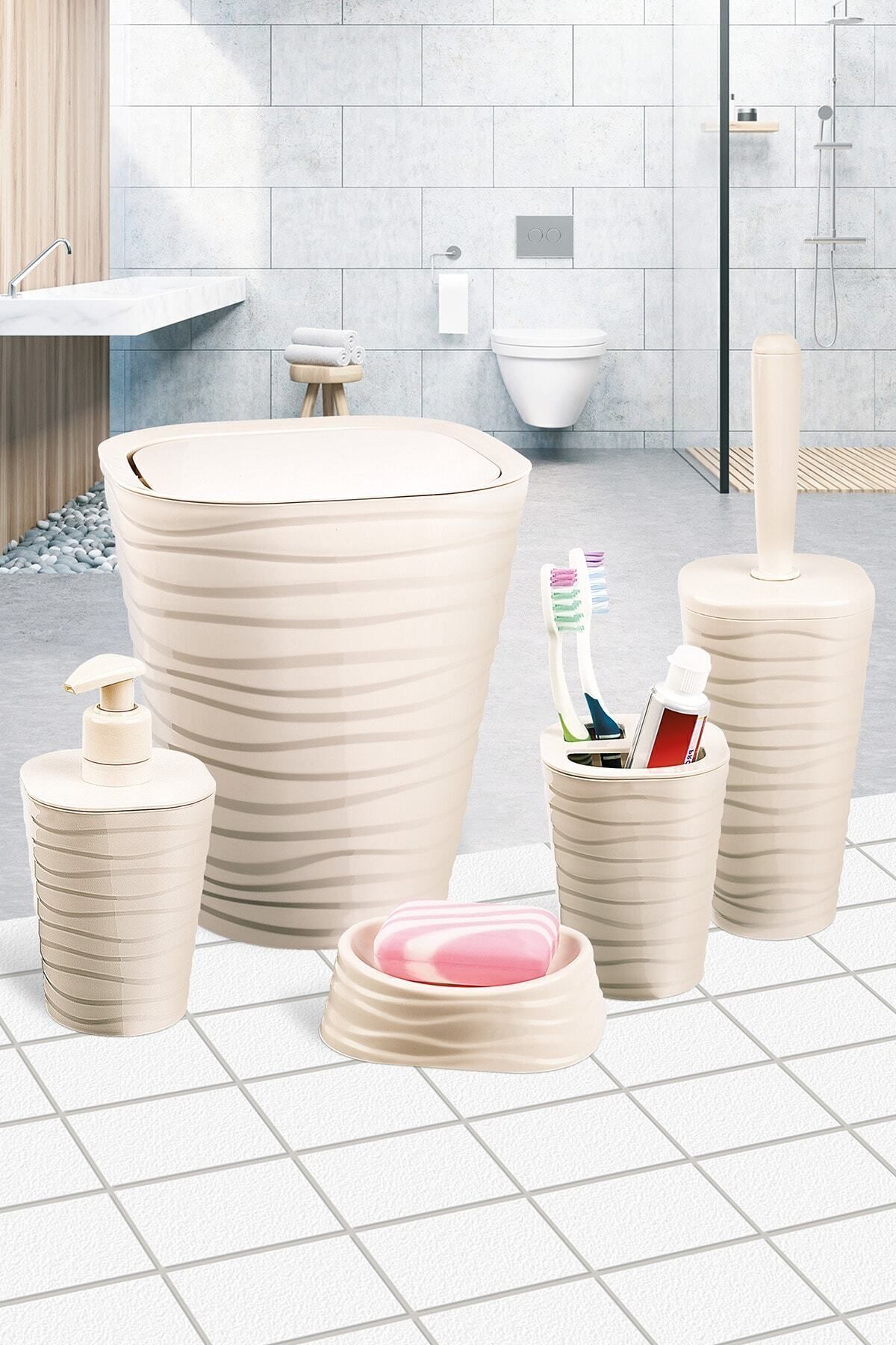 teknotrust Şık 5'li Banyo Seti, Bej, Çöp Kovası, Tuvalet Fırçası, Sabunluk ve Diş Fırçalık