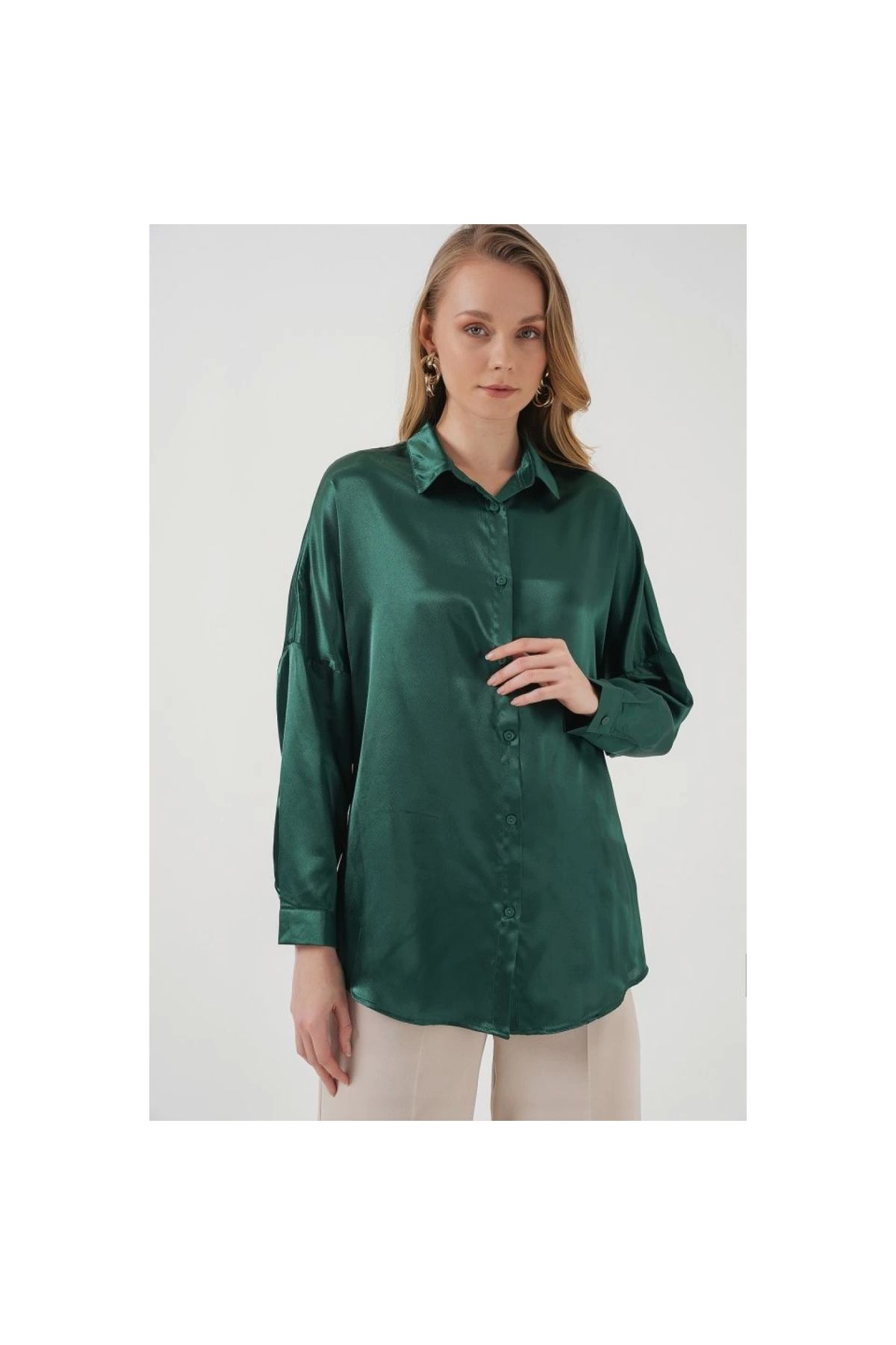 Marsilyan - 3985 Oversize Saten Gömlek Zümrüt Yeşili