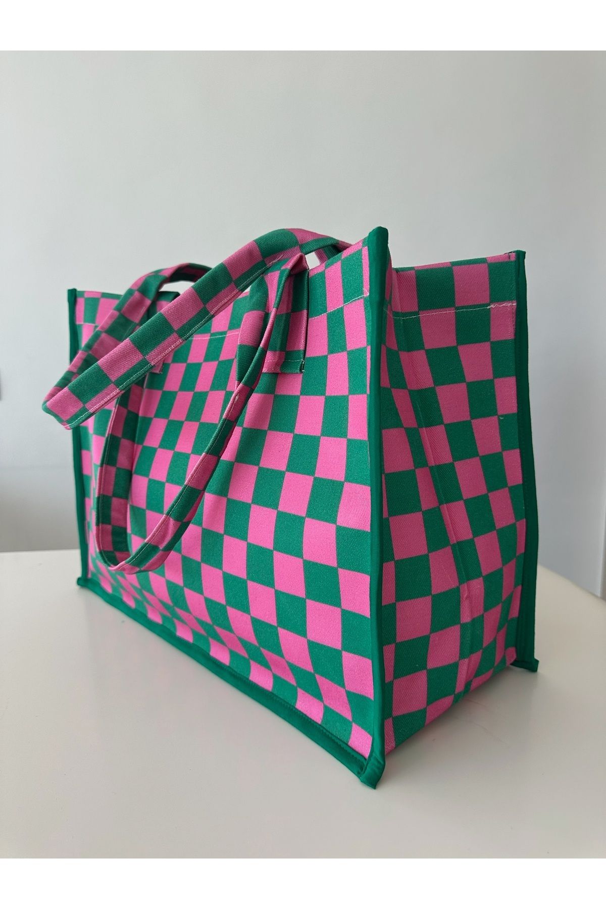 yako Vibe Pembe Yeşil Damalı Desenli Tote Çanta Plaj ve Günlük Kullanım , Büyük Boy