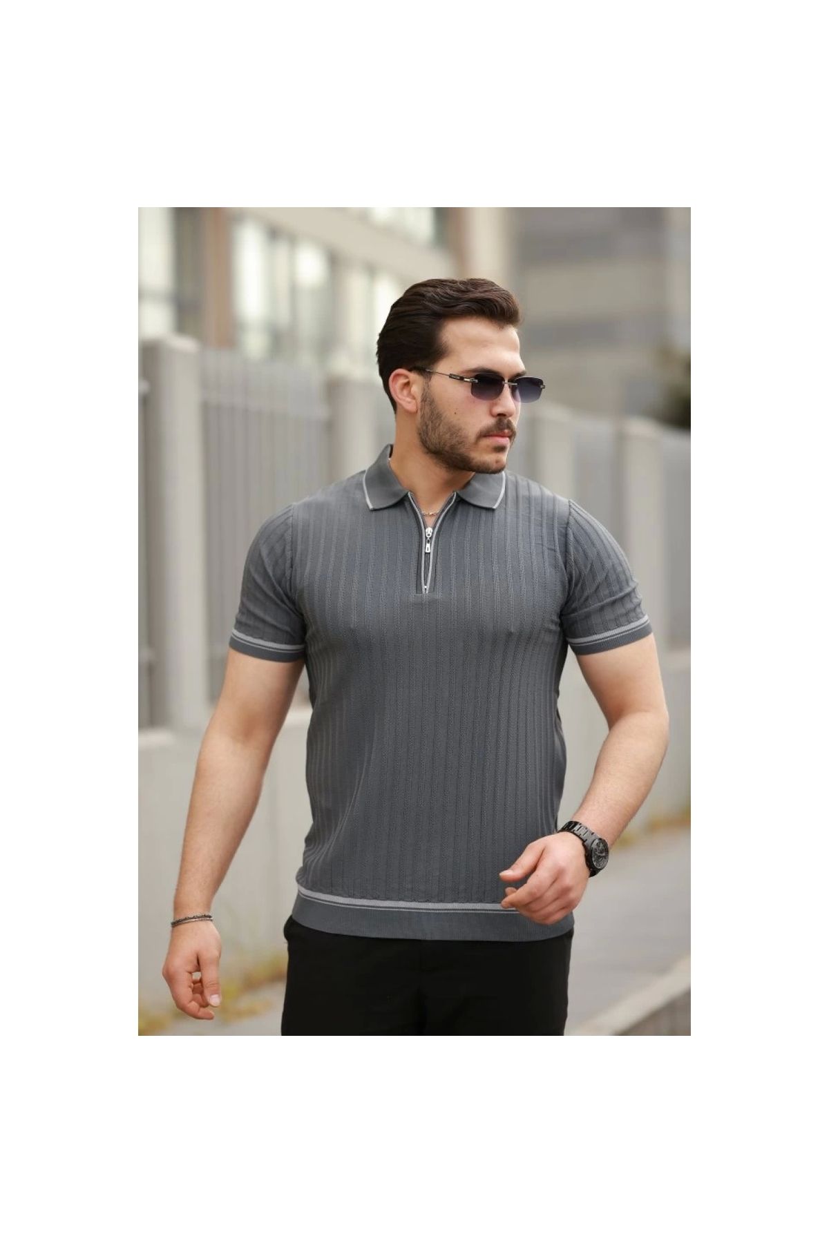 Marsilyan - Erkek Fermuarlı Yakalı Kısa Kollu Tshirt