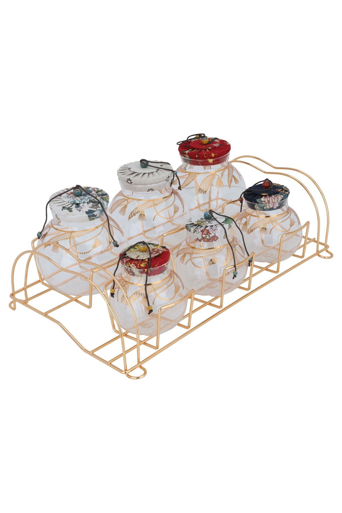 Alsaif Gallery-Spice Jar Set by Alsaif Gallery, Glass, 7 Pieces - Multicolored with Golden Stand 2