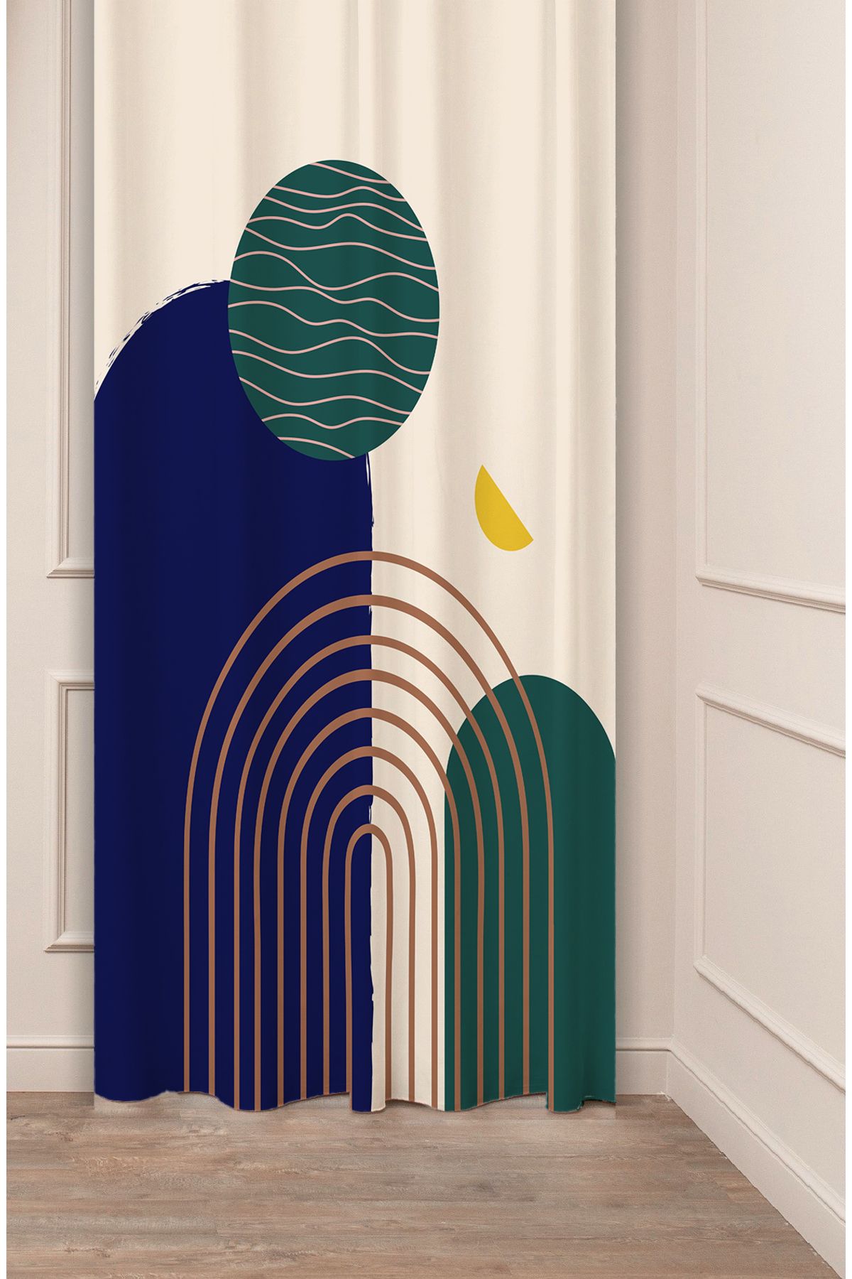 GREENDECOR Geometrik Çizgi Bohem Minimalist Soft Desenli Özel Tasarım Dijital Baskılı (Tek Kanat) Şık Fon Perde