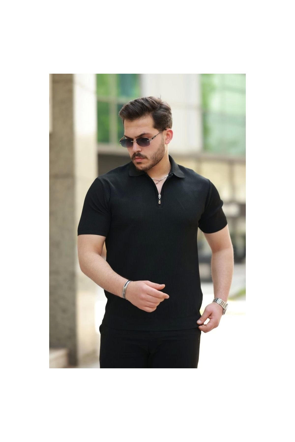 Marsilyan - Erkek Fermuarlı Yakalı Kısa Kollu Tshirt