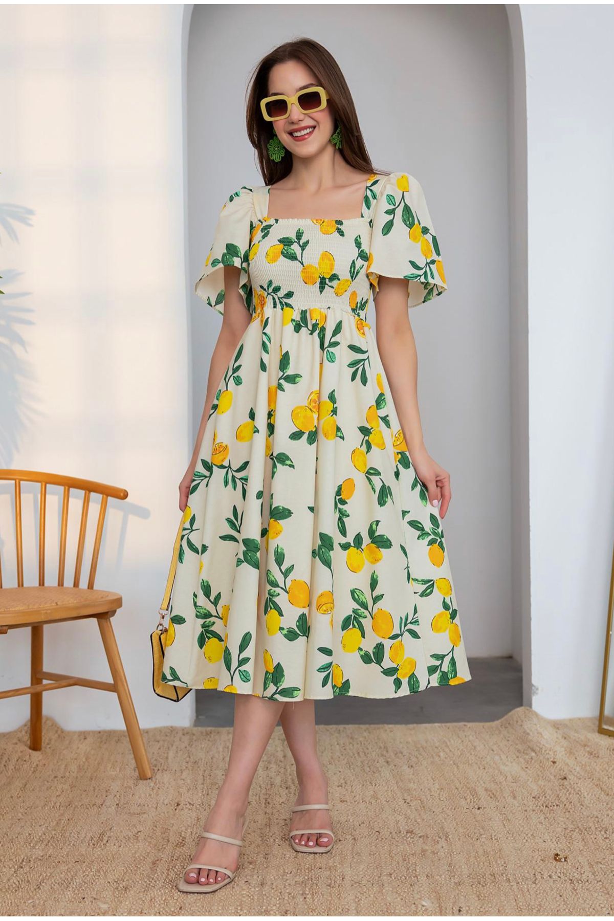 Afiş Butik Krem Limon Desen Gipeli Elbise