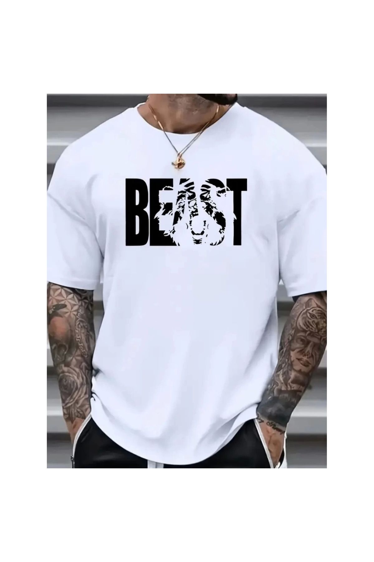 Marsilyan - Baskılı Oversize Bisiklet Yaka Tshirt