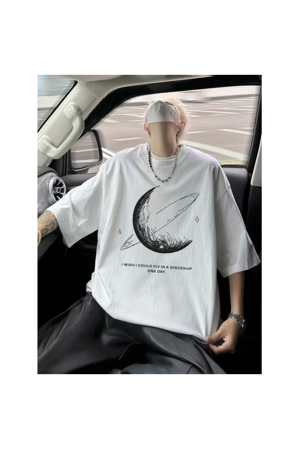 Marsilyan - Baskılı Oversize Bisiklet Yaka Tshirt