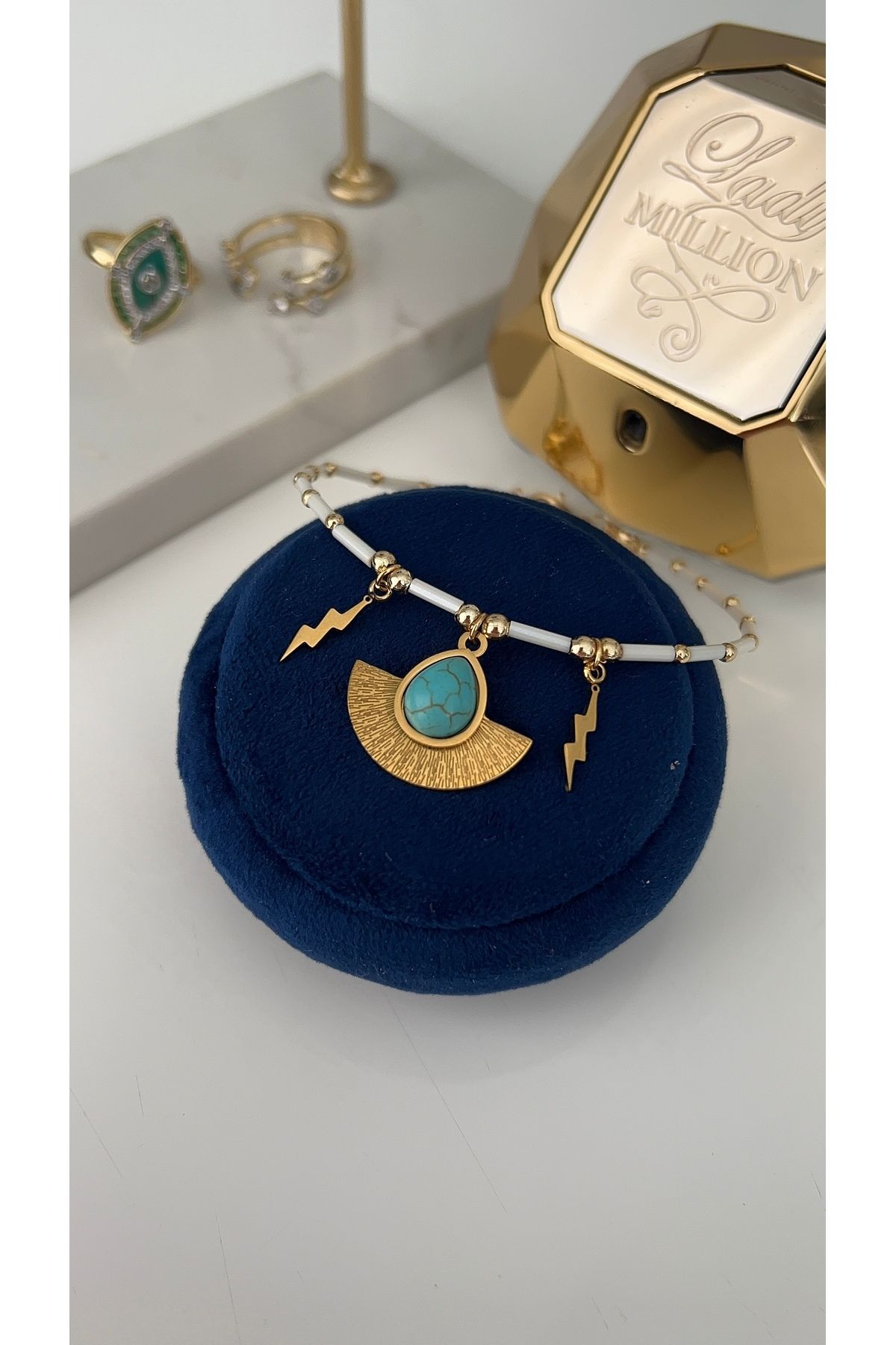 SU PERİSİ TAKI BİJUTERİ Gold Yarım Ay Detaylı Boru Boncuk Halhal