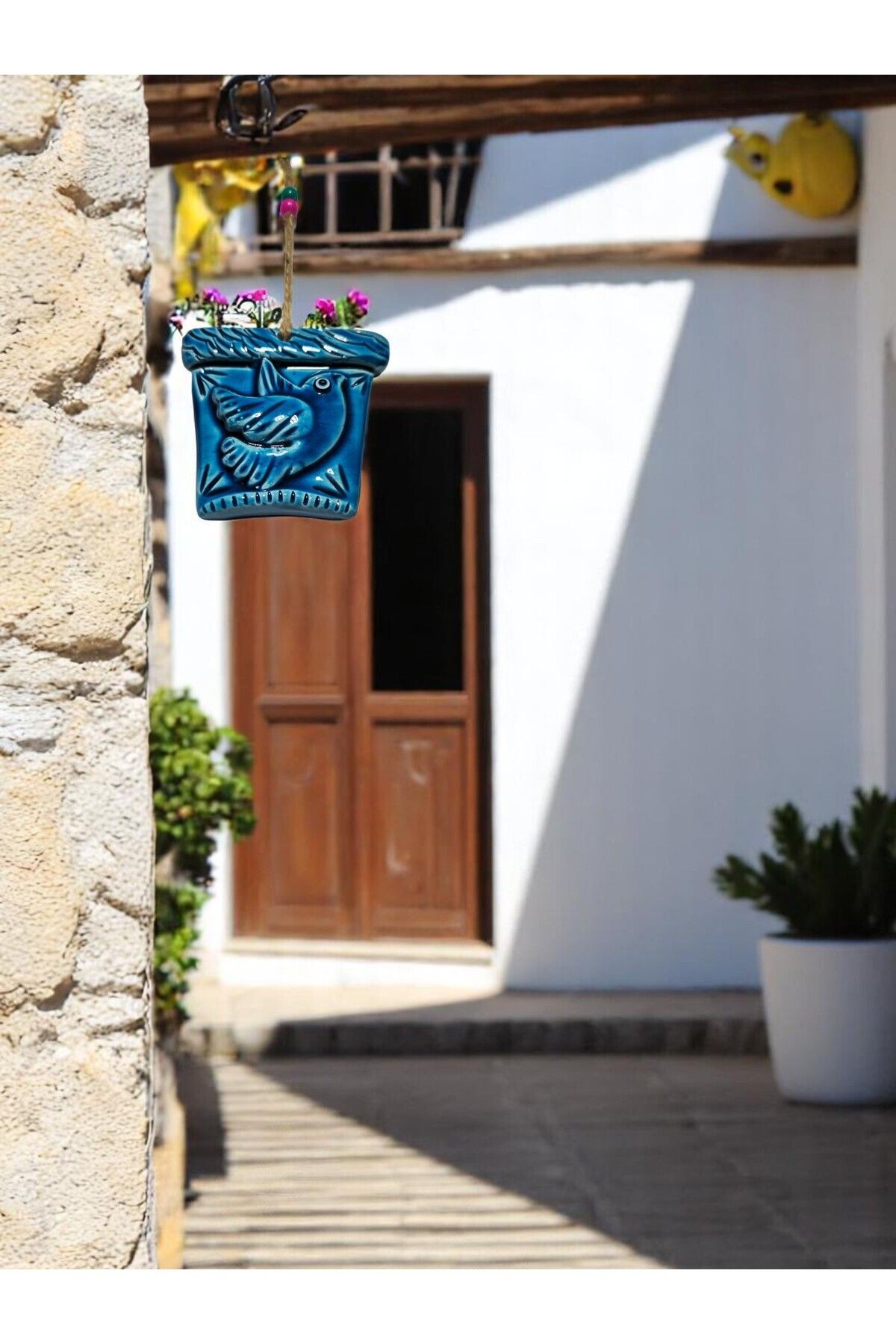Saatistan Saksı Desenli Seramik Duvar Süsü, Bahçe, Veranda, Balkon Dekoru