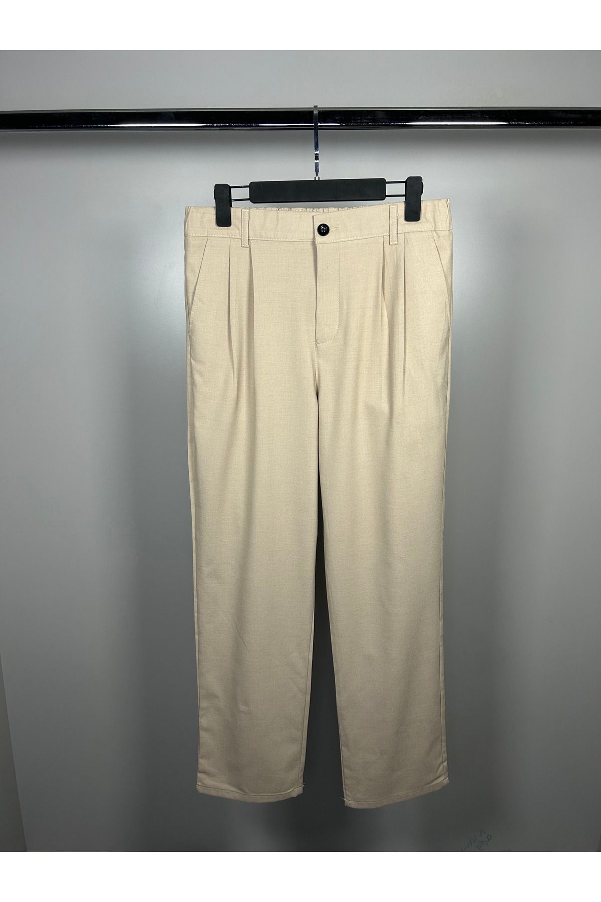 viotale Pileli Model Krem Renk Baggy Kesim Kumaş Pantolon