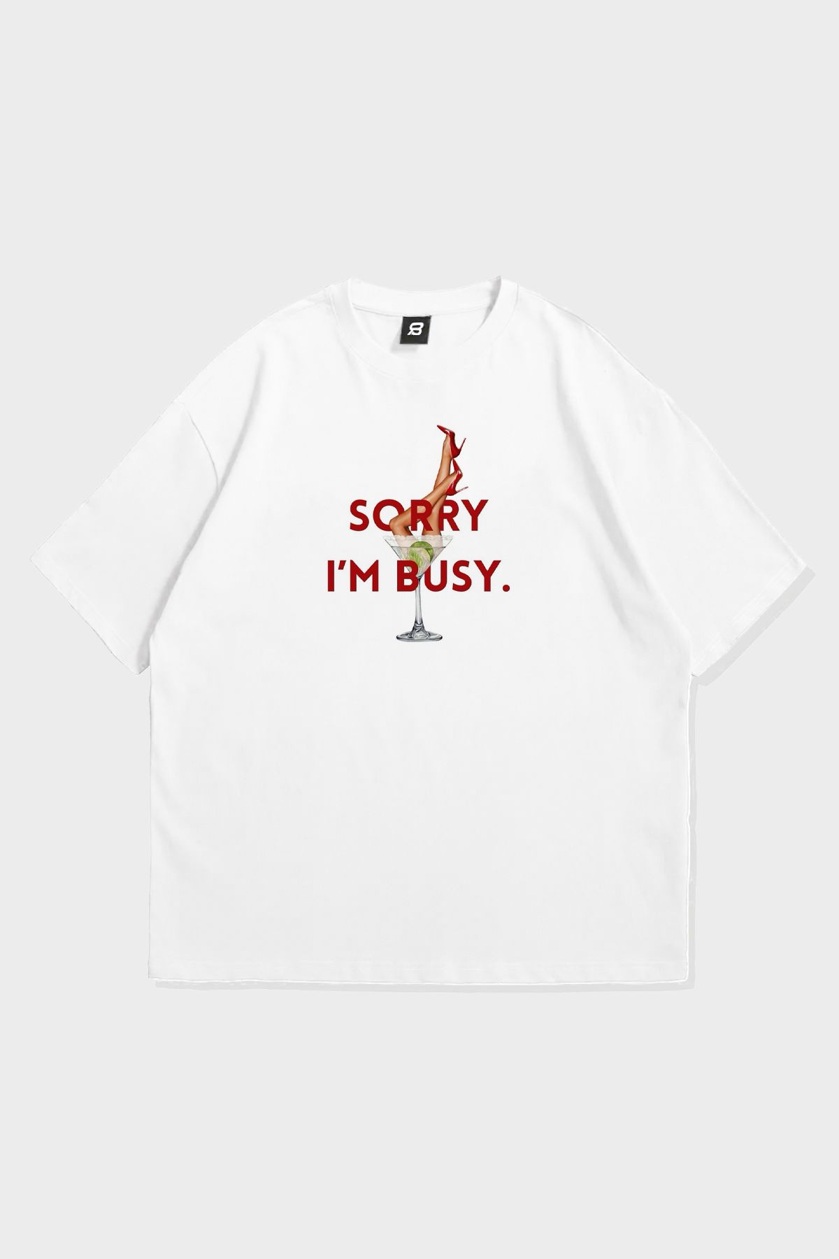 3 ROPE SORRY I'M BUSY Kokteyl Baskılı Oversize Beyaz Unisex T-Shirt Tişört