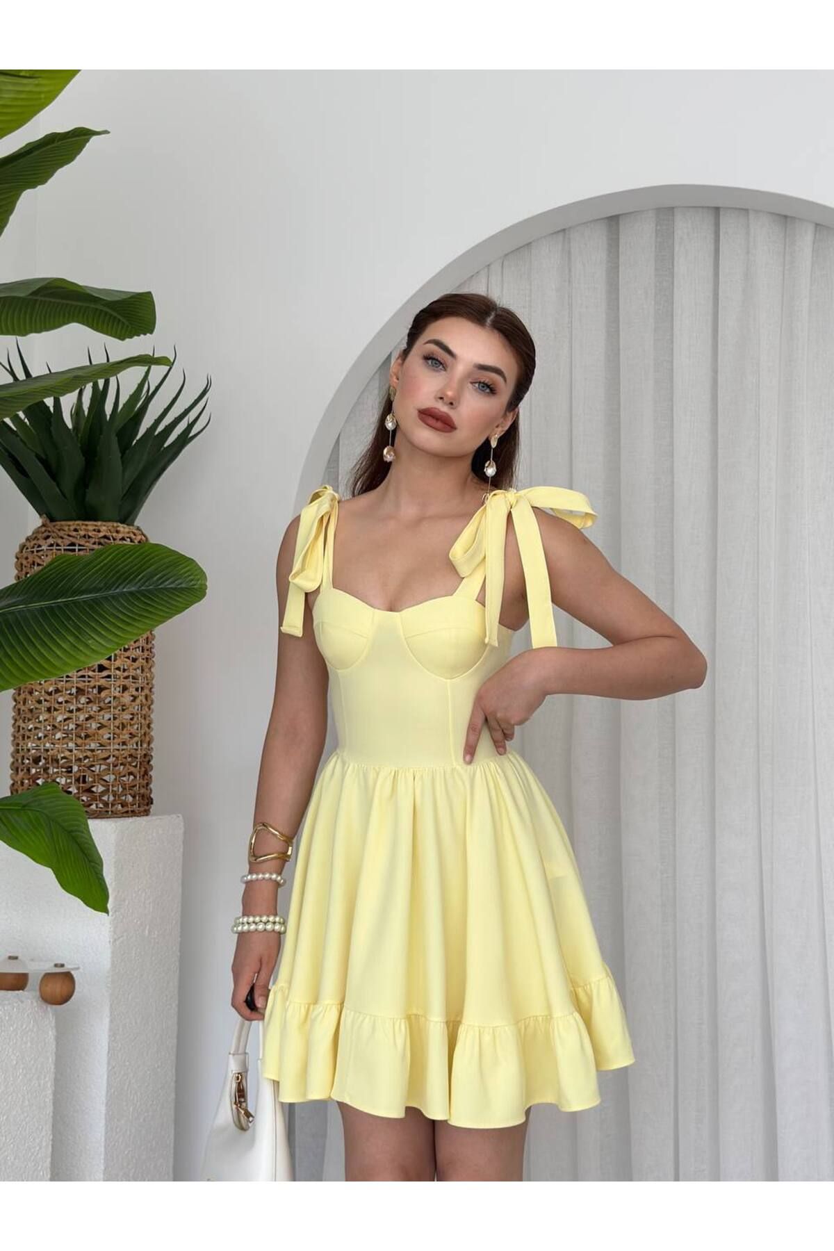 Zoe Zoe Kadın Straplez Yaka Mini Boy Omuz Baglamalı Yazlık Elbise