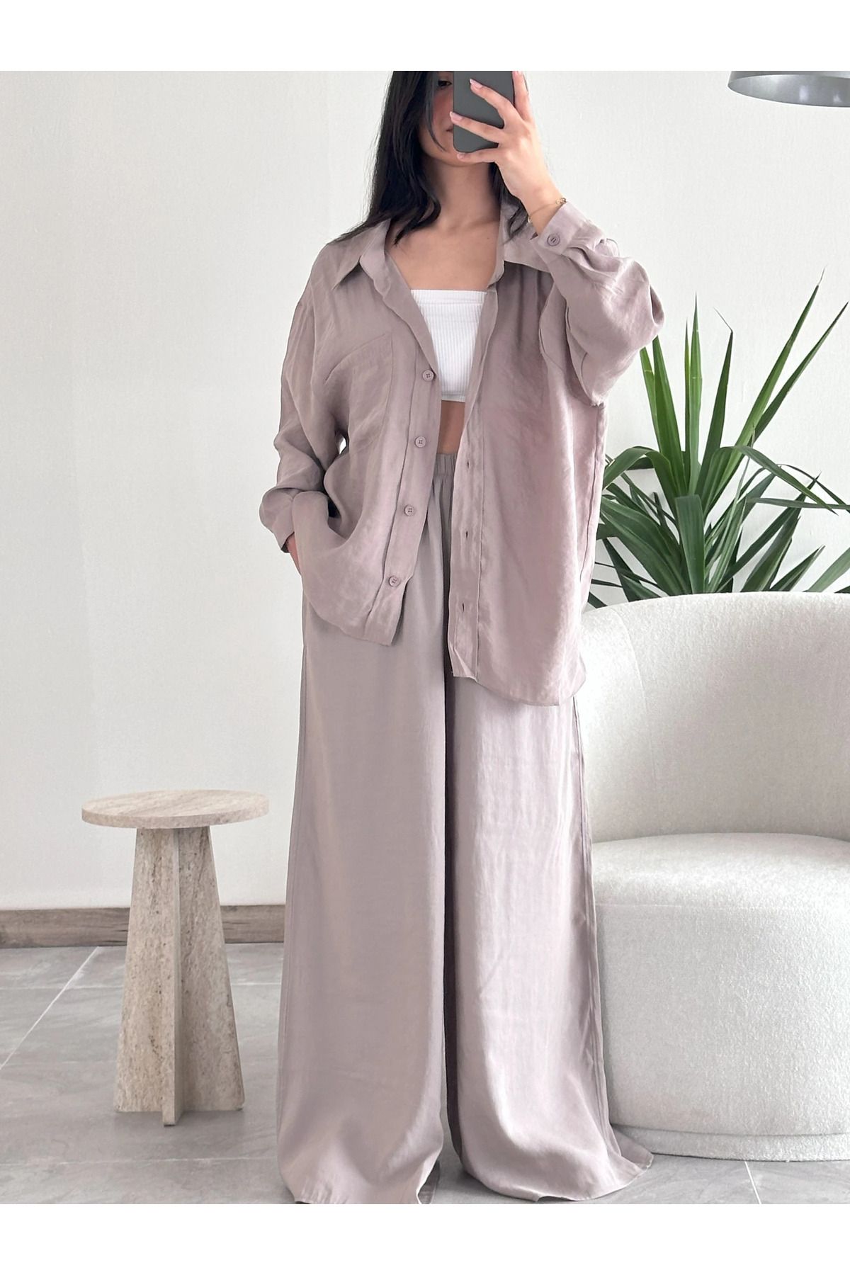 Kyra Studios Vizon Oversize Gömlek ve Lastikli Pantolon Takım 1020