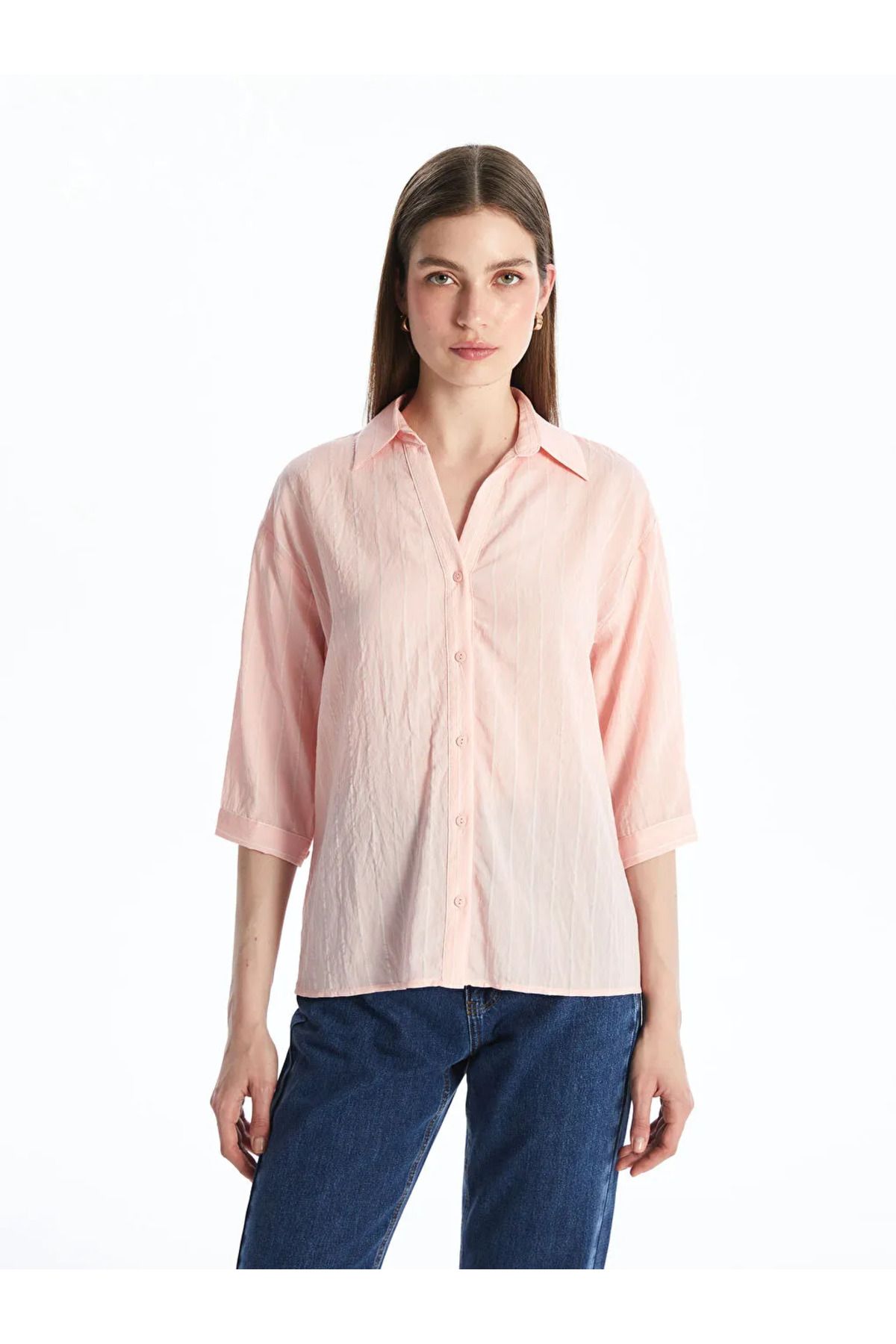 LC Waikiki LCWAIKIKI Classic Pembe Çizgili Kadın Gömlek