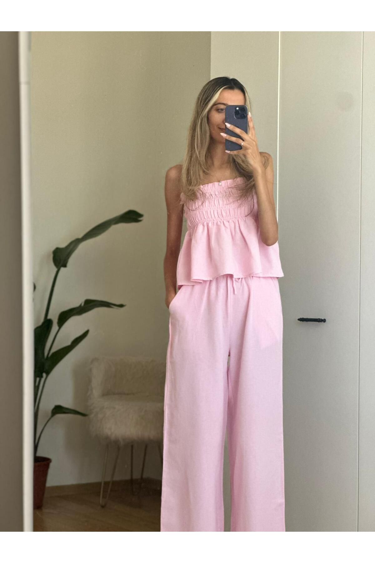 MODA Pembe Gipeli Bluz Pantolon Keten Takım