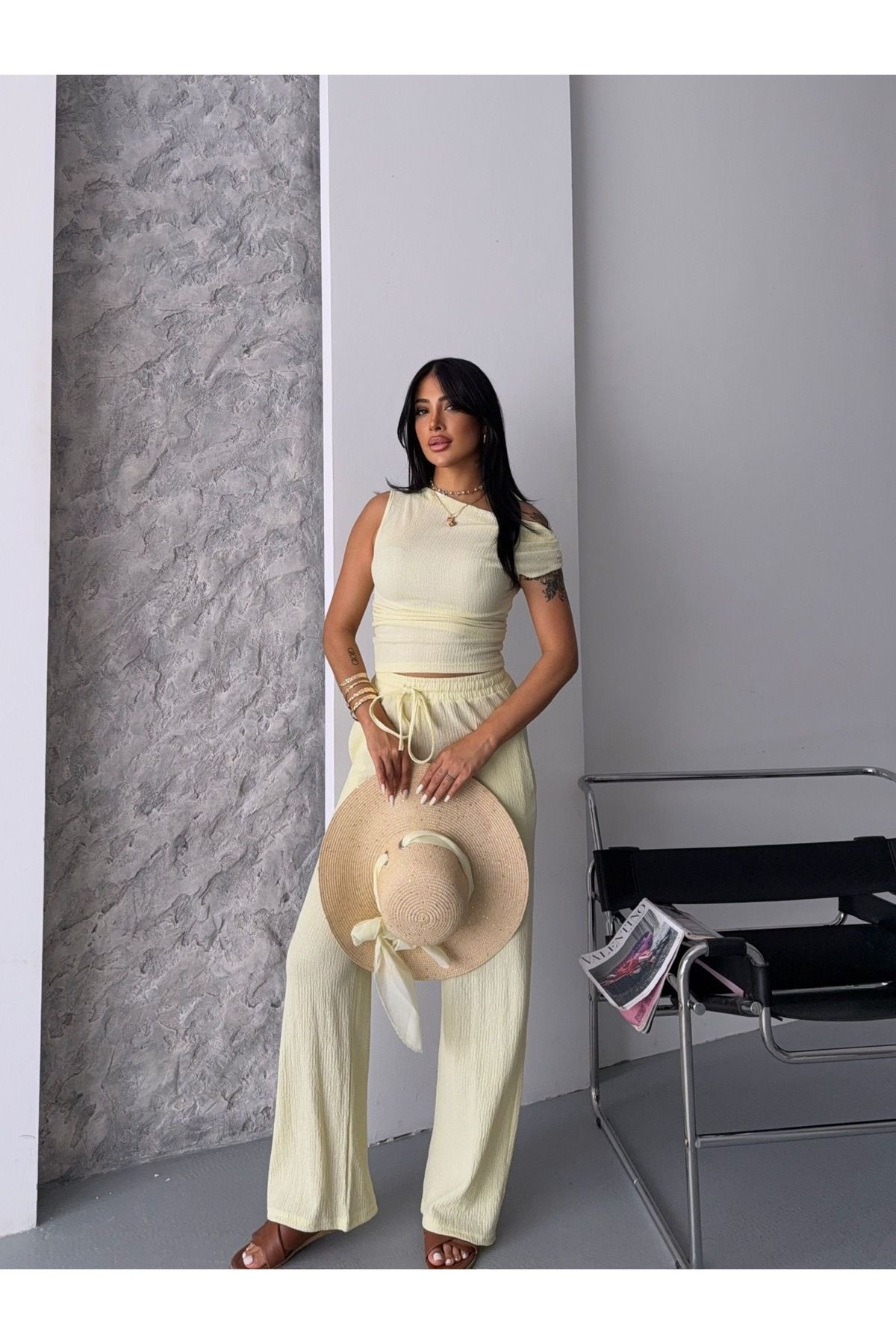 Ekim Store ButterYellow Kayık Yaka Büzgülü Bluz Pantolon Takım
