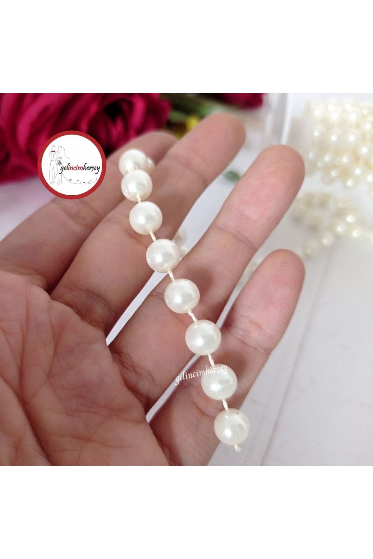 Gelincimherşey İpe Dizili Sıralı Sabit Krem İnci 8mm 5 Metre