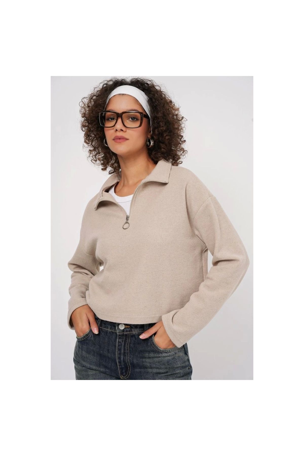 Marsilyan - 55449 Fermuarlı Yaka Örme Sweatshirt