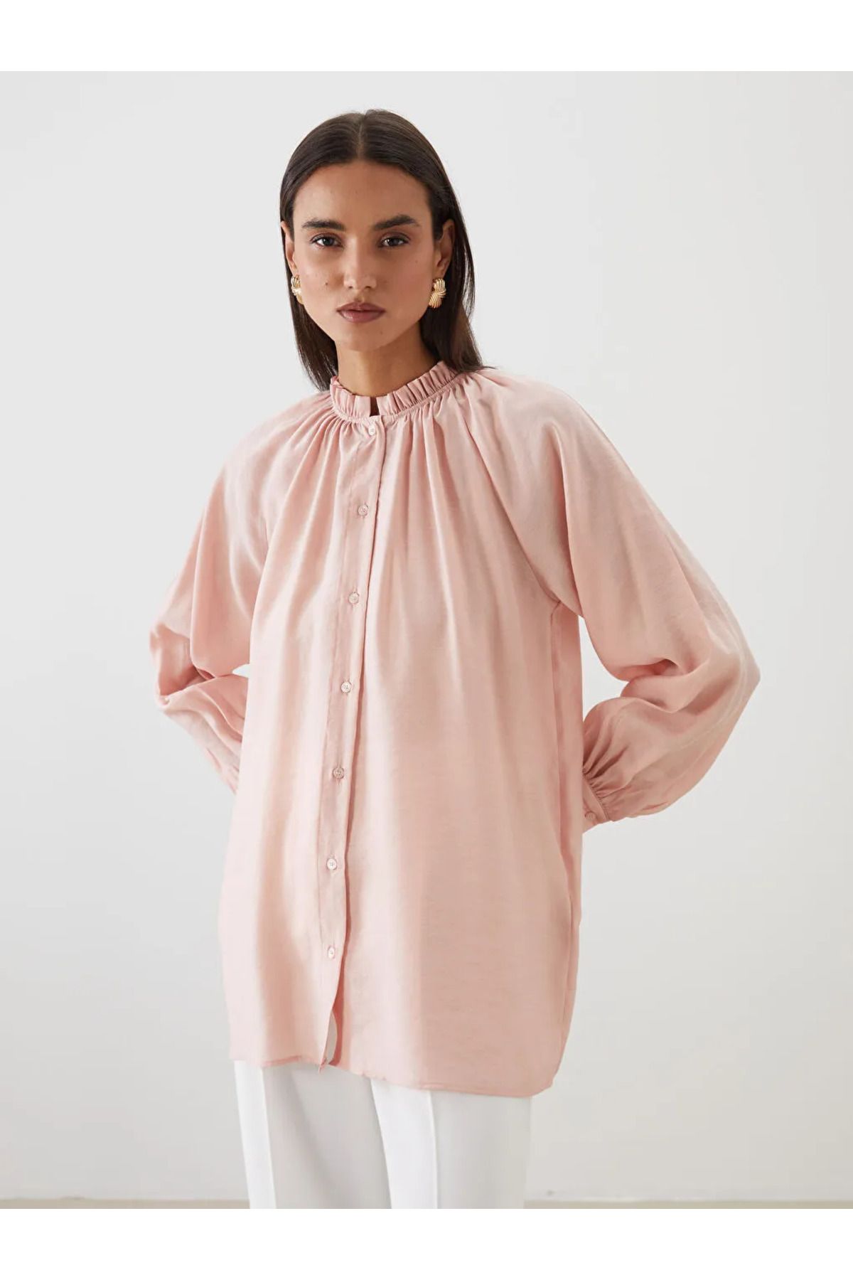 LC Waikiki LCW Modest Pembe Fırfırlı Yaka Modal Karışımlı Kadın Gömlek Tunik