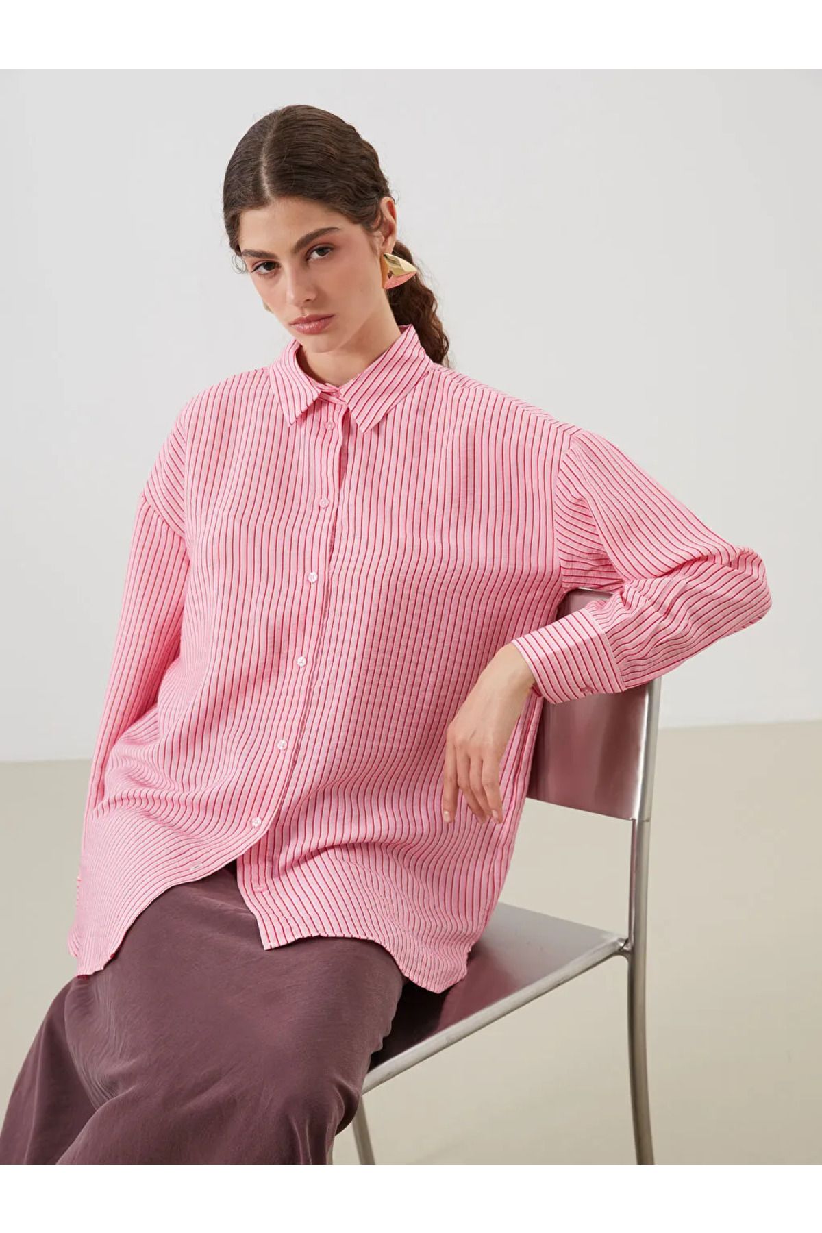 LC Waikiki LCW Modest Pembe Çizgili Oversize Kadın Gömlek Tunik