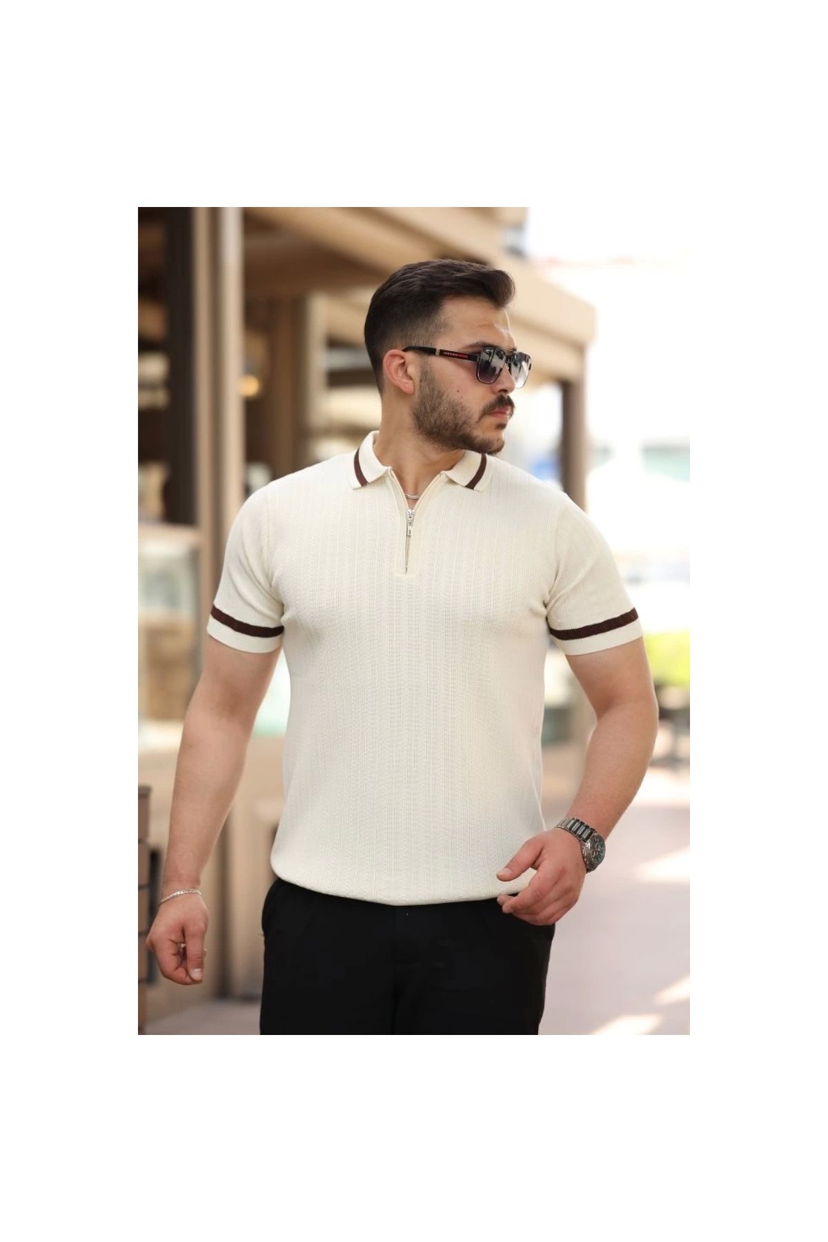 Marsilyan - Erkek Yaka Ve Kolları çizgi Detaylı Fermuarlı Kısa Kollu T-shirt