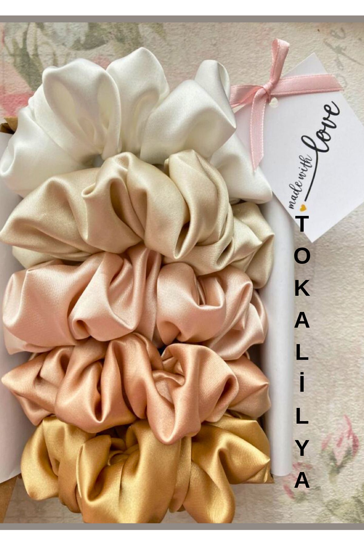 TOKALİLYA Kadın saten renkli scrunchie simit lastikli toka seti