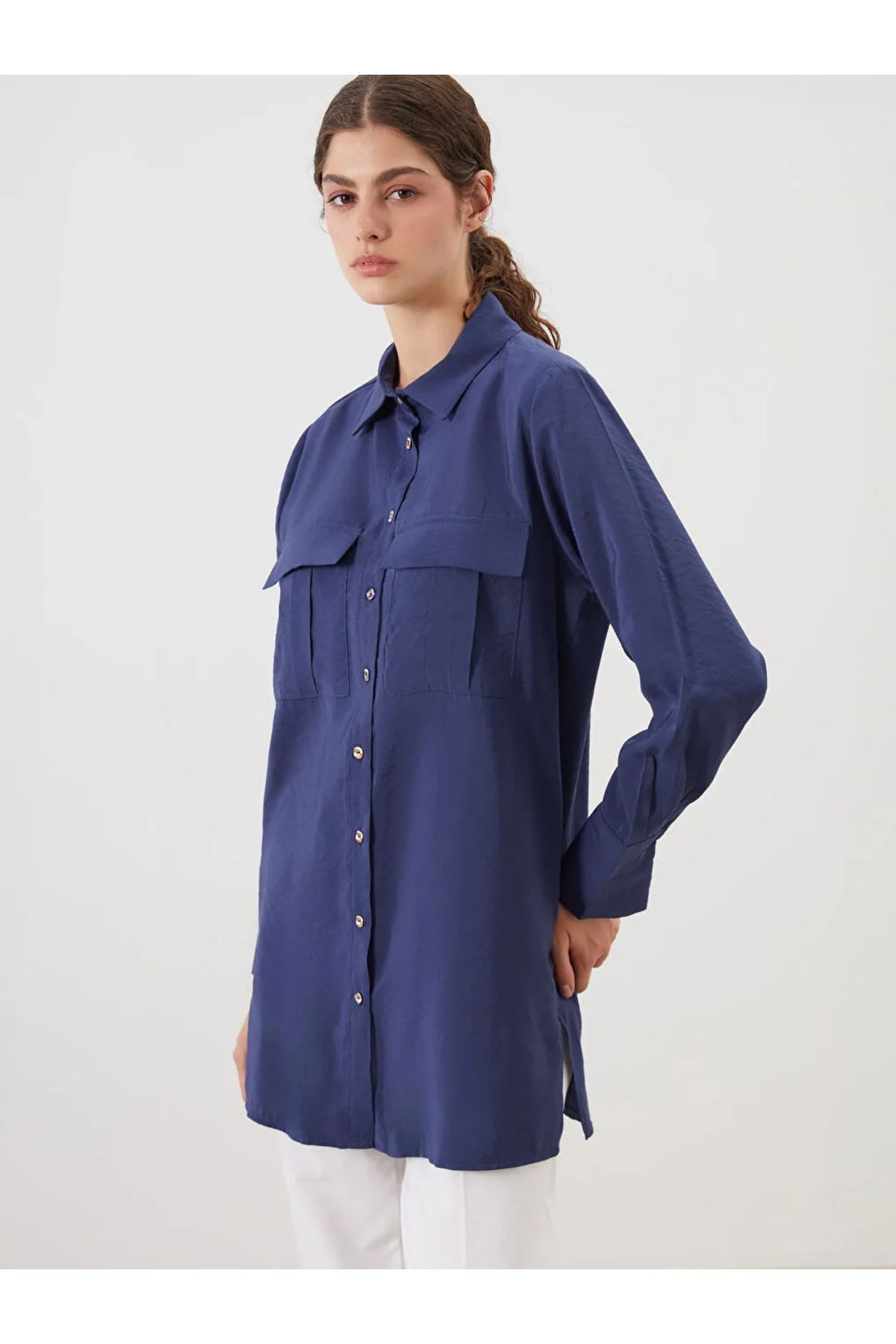 LC Waikiki LCW Modest Lacivert Modal Karışımlı Kadın Gömlek Tunik