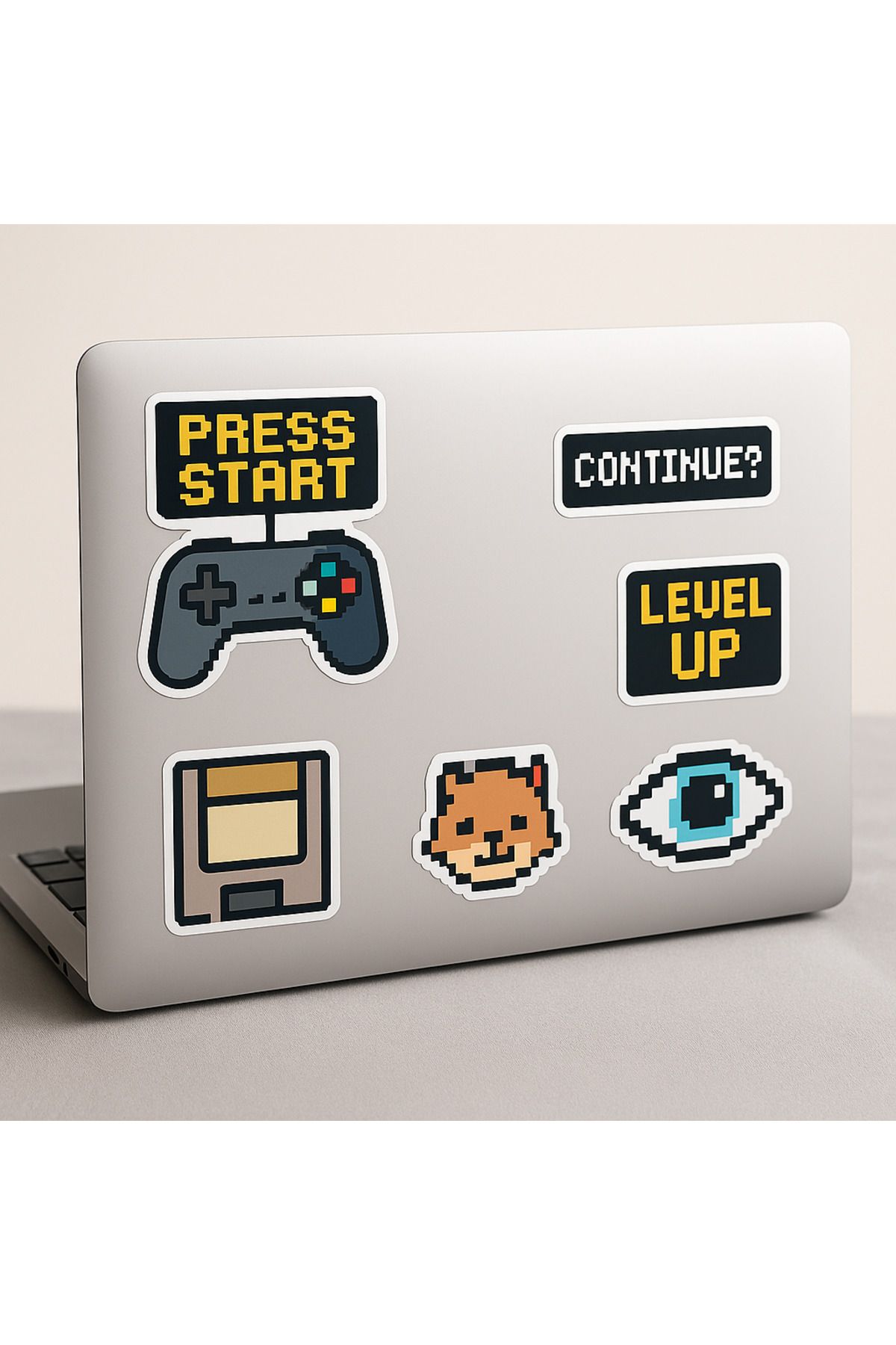 arduçlazer Pixel Art Oyun Sticker Seti A4 – 7li Şeffaf Çıkartma – Game Over, Level Up, Start, Joystick, 8-bit