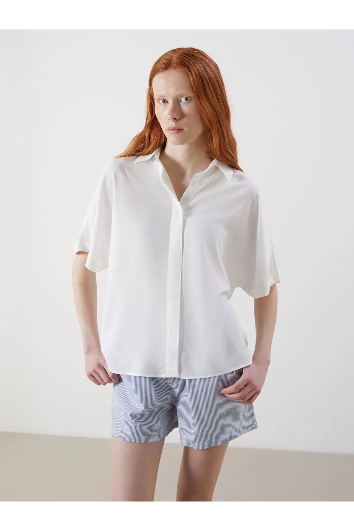 LC Waikiki XSIDE Beyaz Keten Karışımlı Oversize Kadın Gömlek