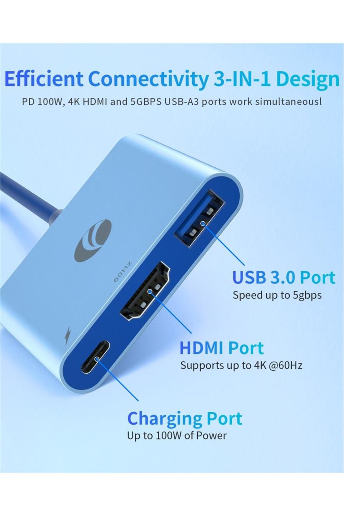 VCOM Mavi Type-C To Hdmi(4K@60Hz)+Usb3.0+Pd 3.0 100W Çoklayıcı