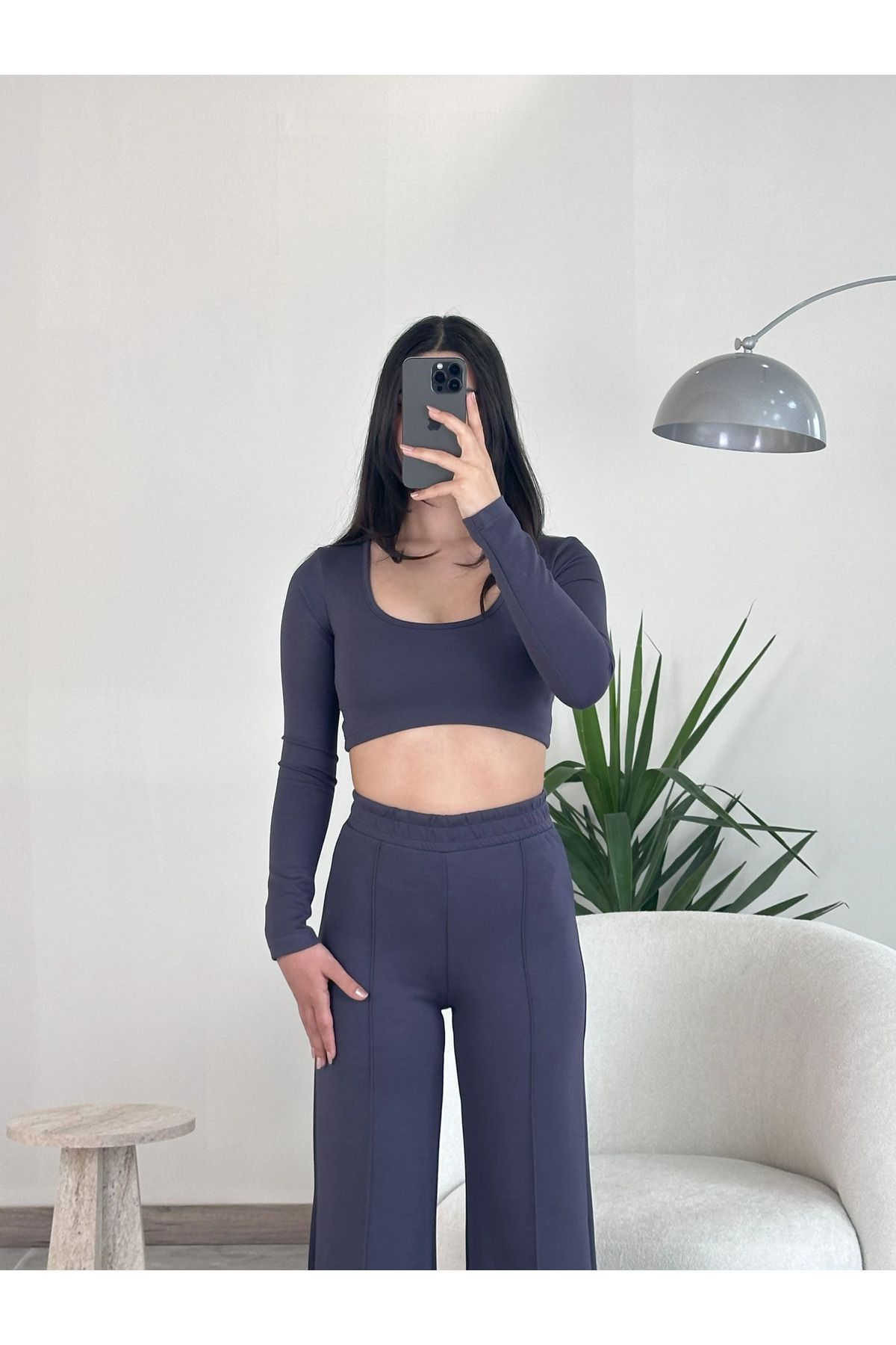 Kyra Studios Lacivert Uzun Kollu Crop-top Takım 4010